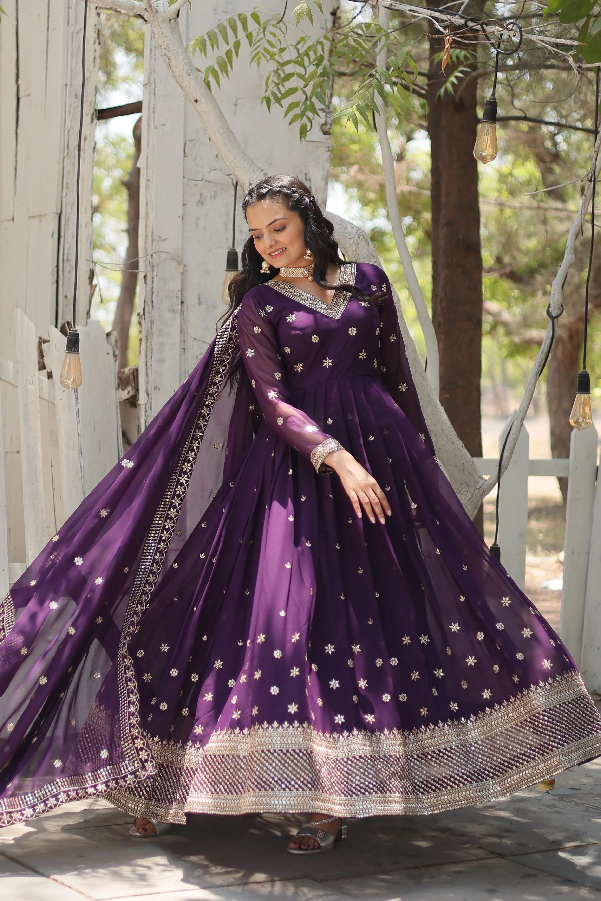 Purple Color Faux Blooming Rich Sequence Embroidered Gown - Image 6