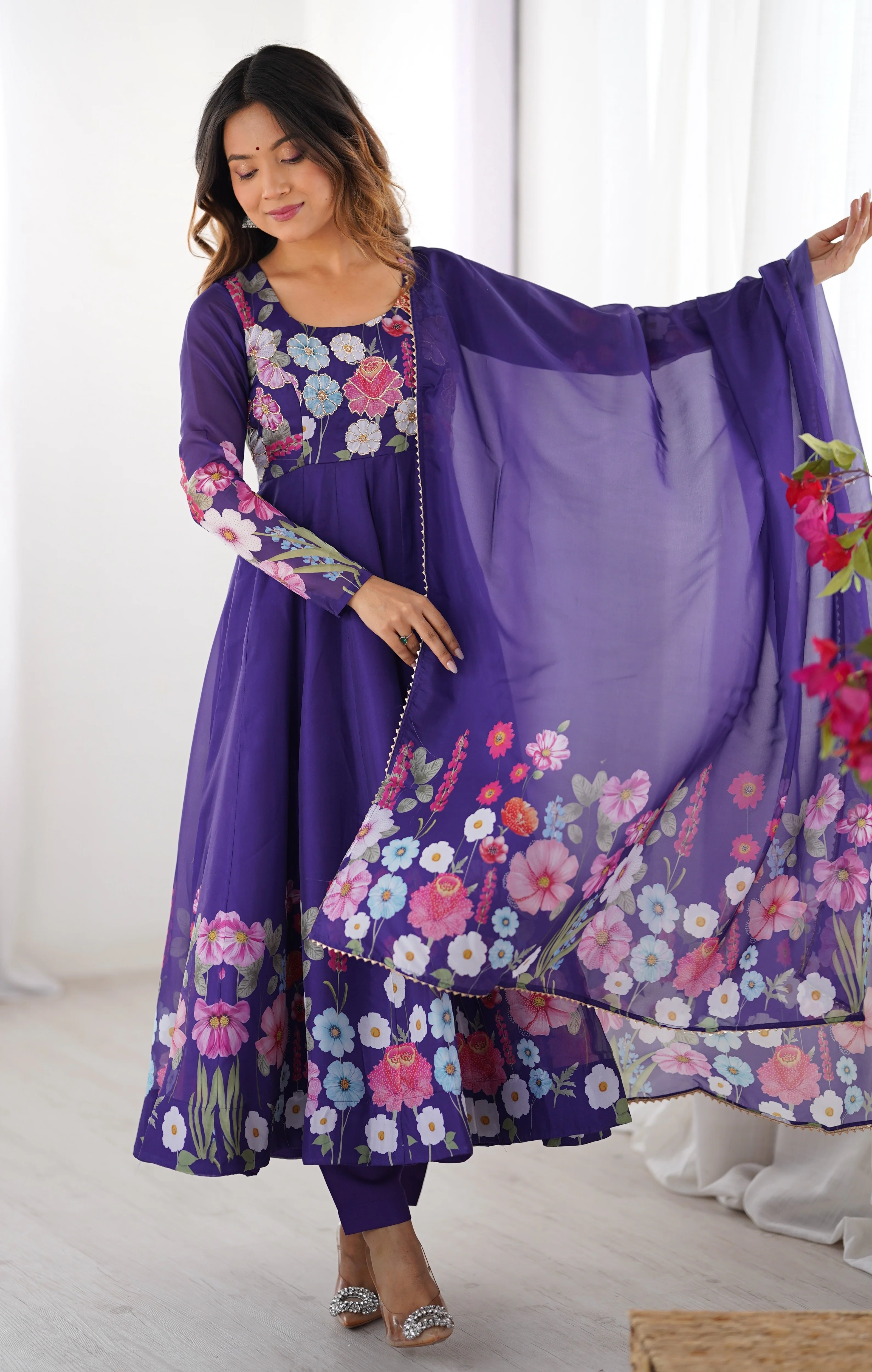 Purple Color Floral Print Organza Three Piece Anarkali Suit - Image 2