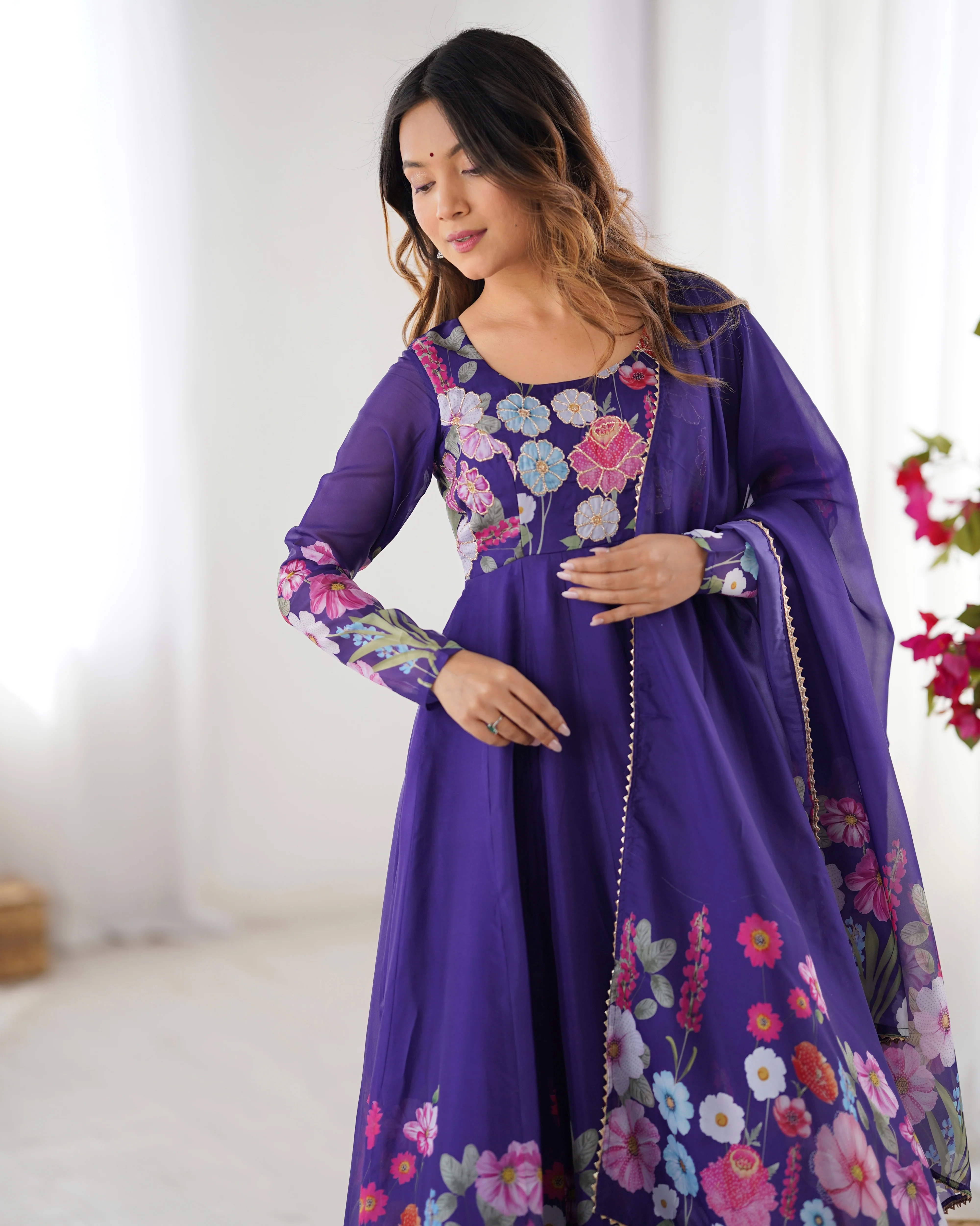 Purple Color Floral Print Organza Three Piece Anarkali Suit - Image 5
