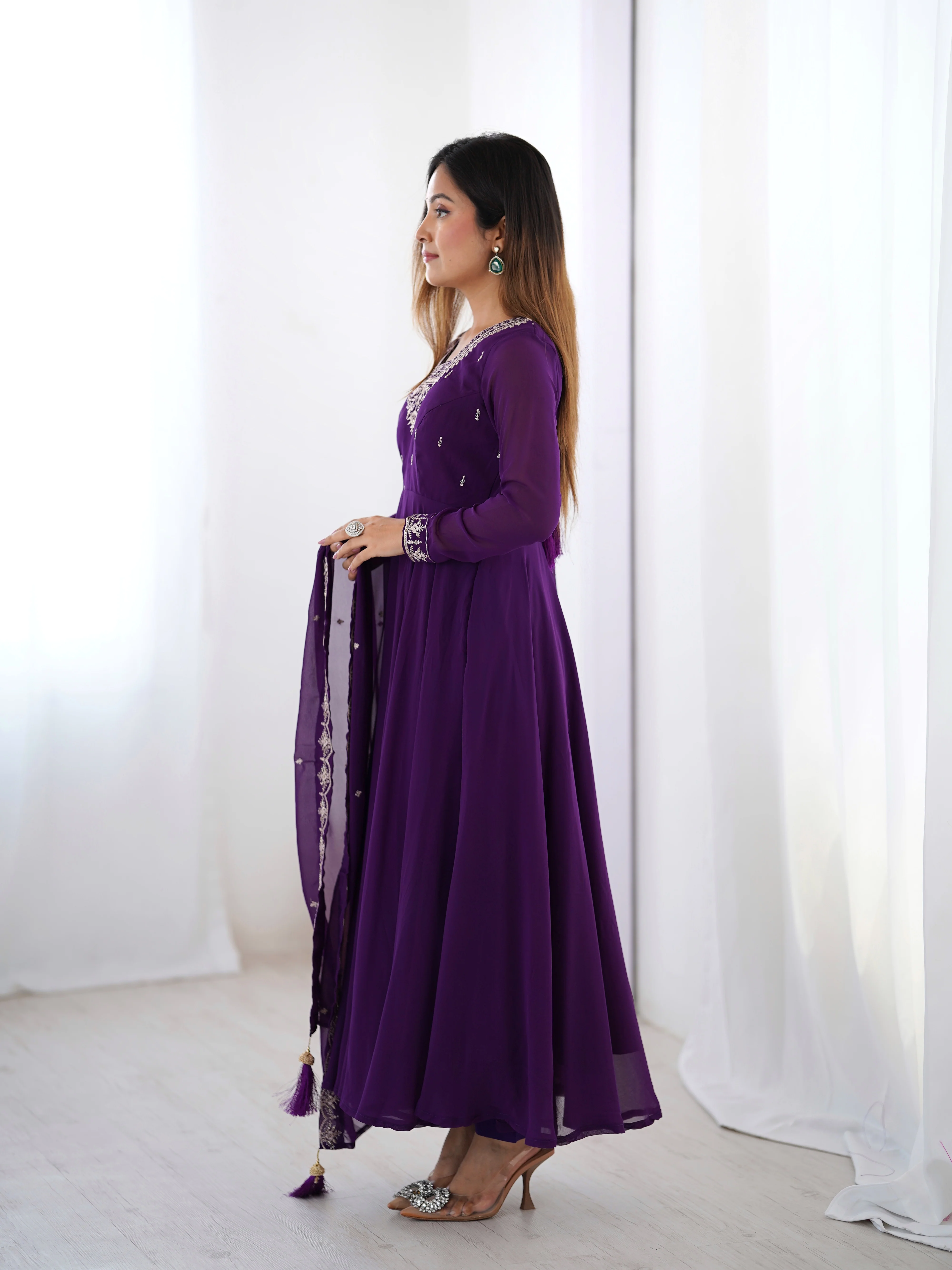 Purple Color Georgette Embroidered Three Piece Anarkali Suit - Image 7