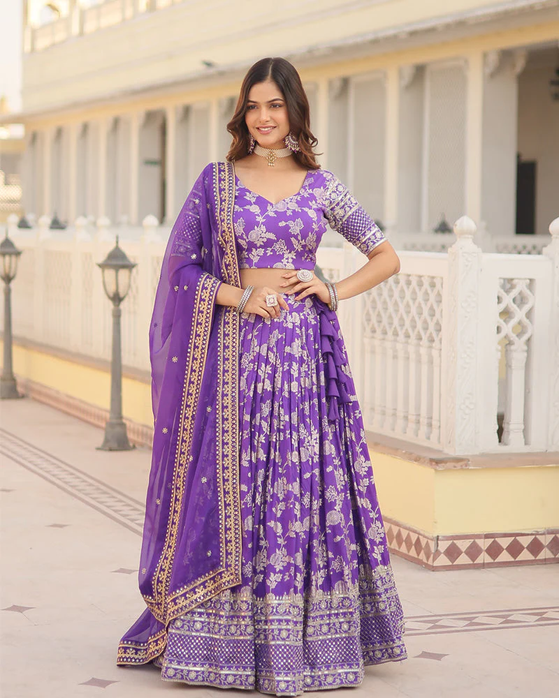 Purple Color Pure Viscose Jacquard Lehenga Choli - Image 4