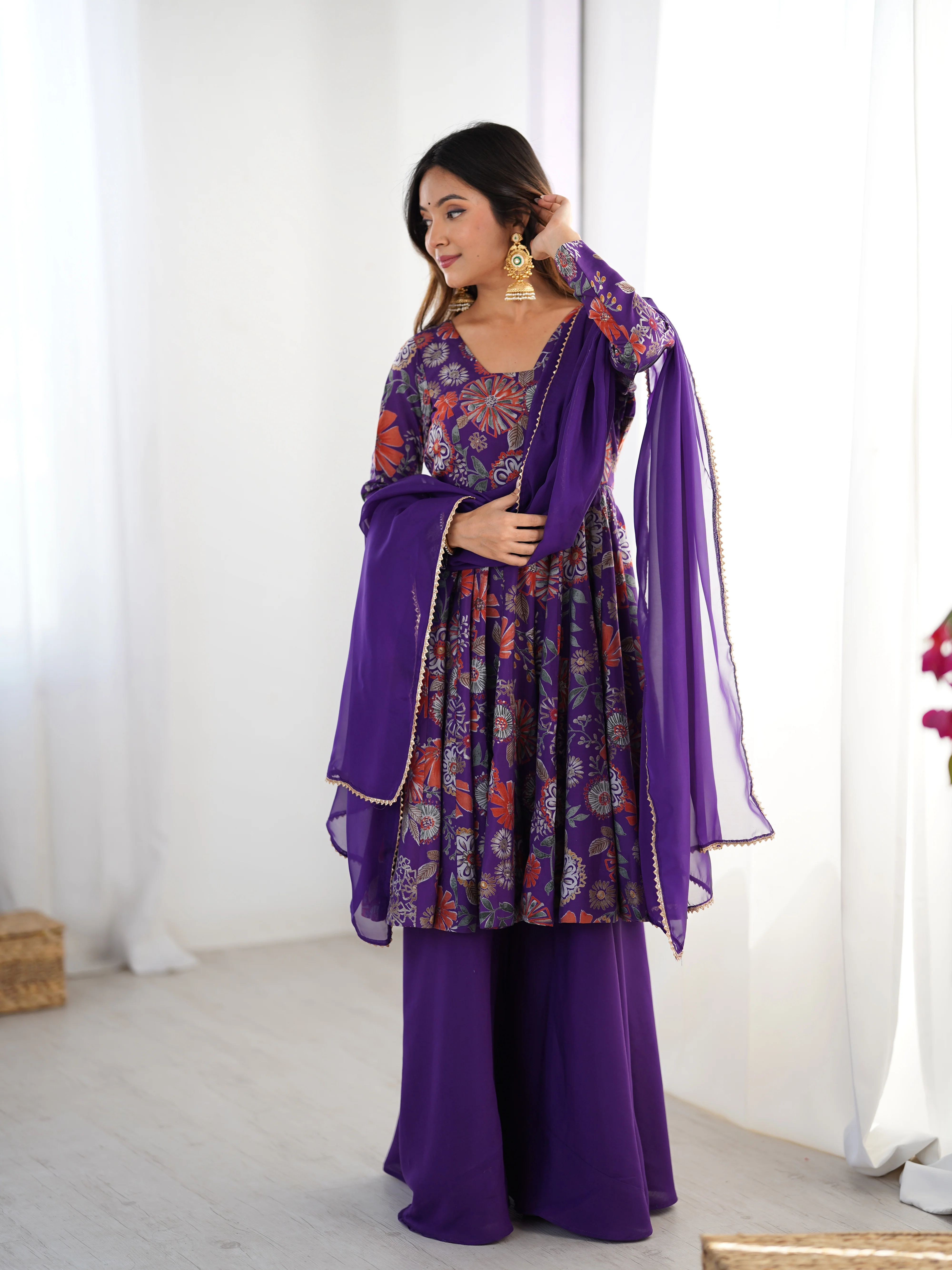 Purple Color Roman Silk Discharge Printed Plazzo Suit - Image 6
