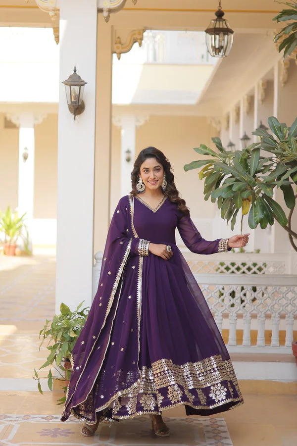 Purple Embroidery Multi Sequence Work Gorgeous Gown - Image 2