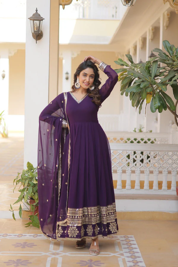 Purple Embroidery Multi Sequence Work Gorgeous Gown - Image 3