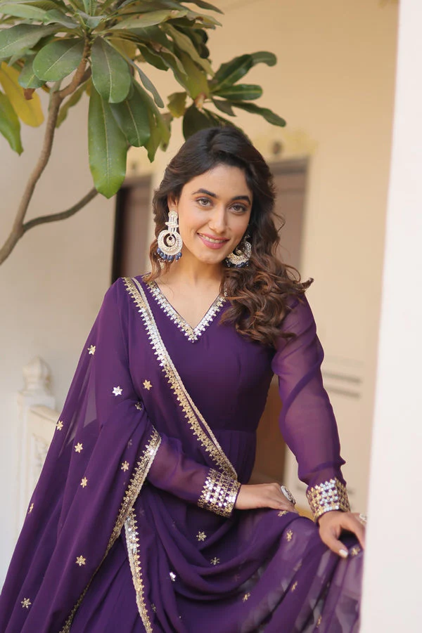 Purple Embroidery Multi Sequence Work Gorgeous Gown - Image 4