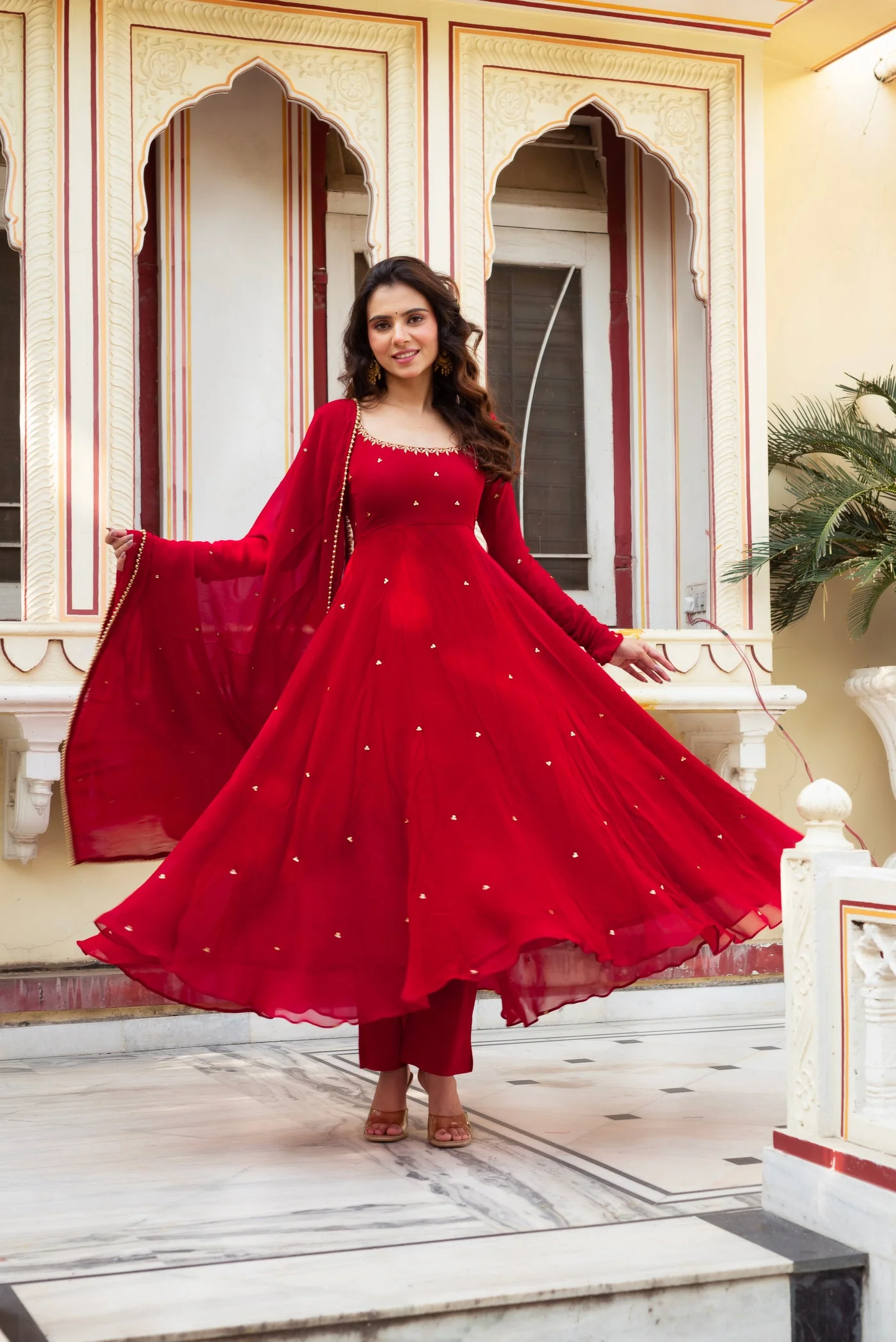 Radiate Elegance in This Red Hand Work Anarkali Suit - Image 3