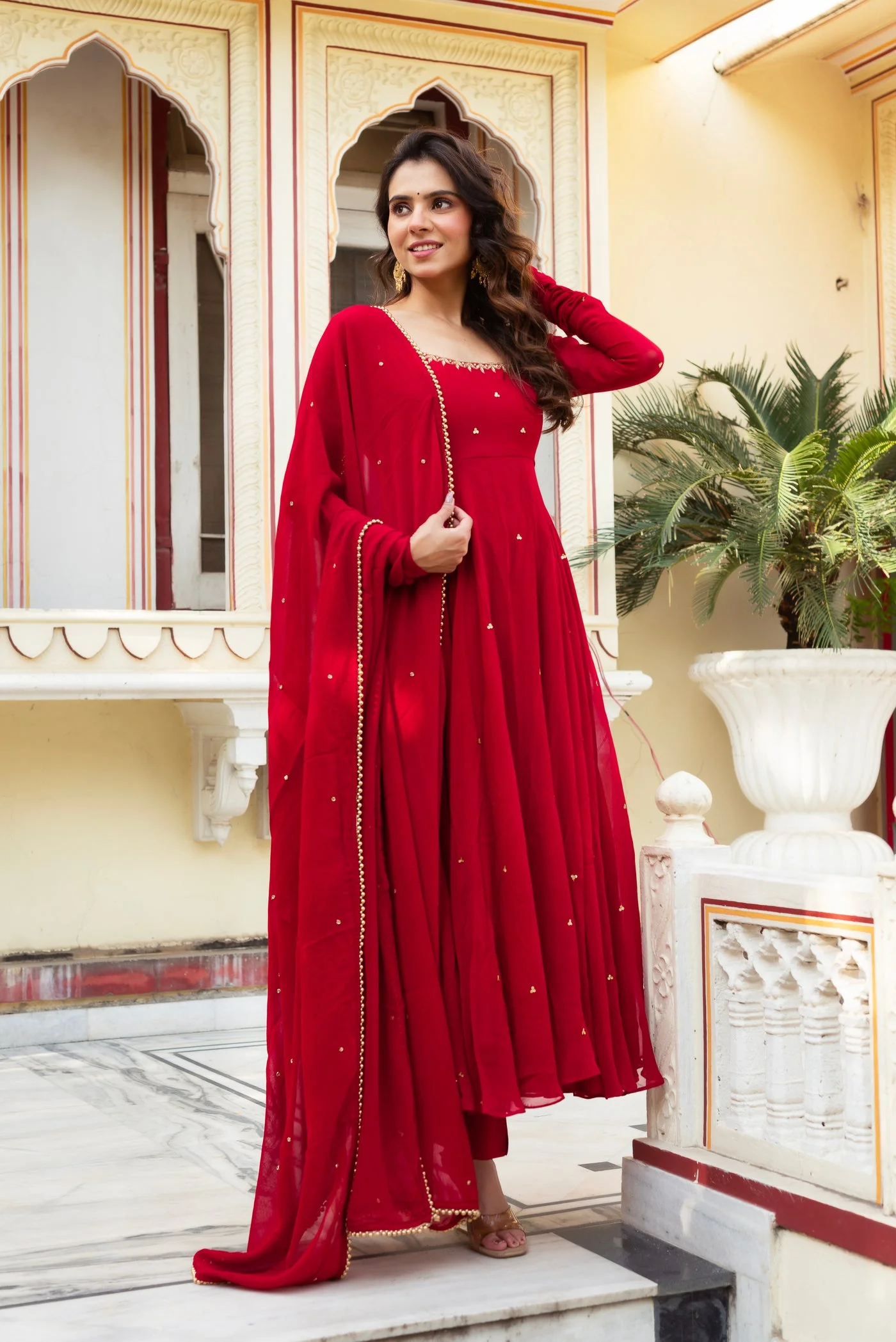 Radiate Elegance in This Red Hand Work Anarkali Suit - Image 4
