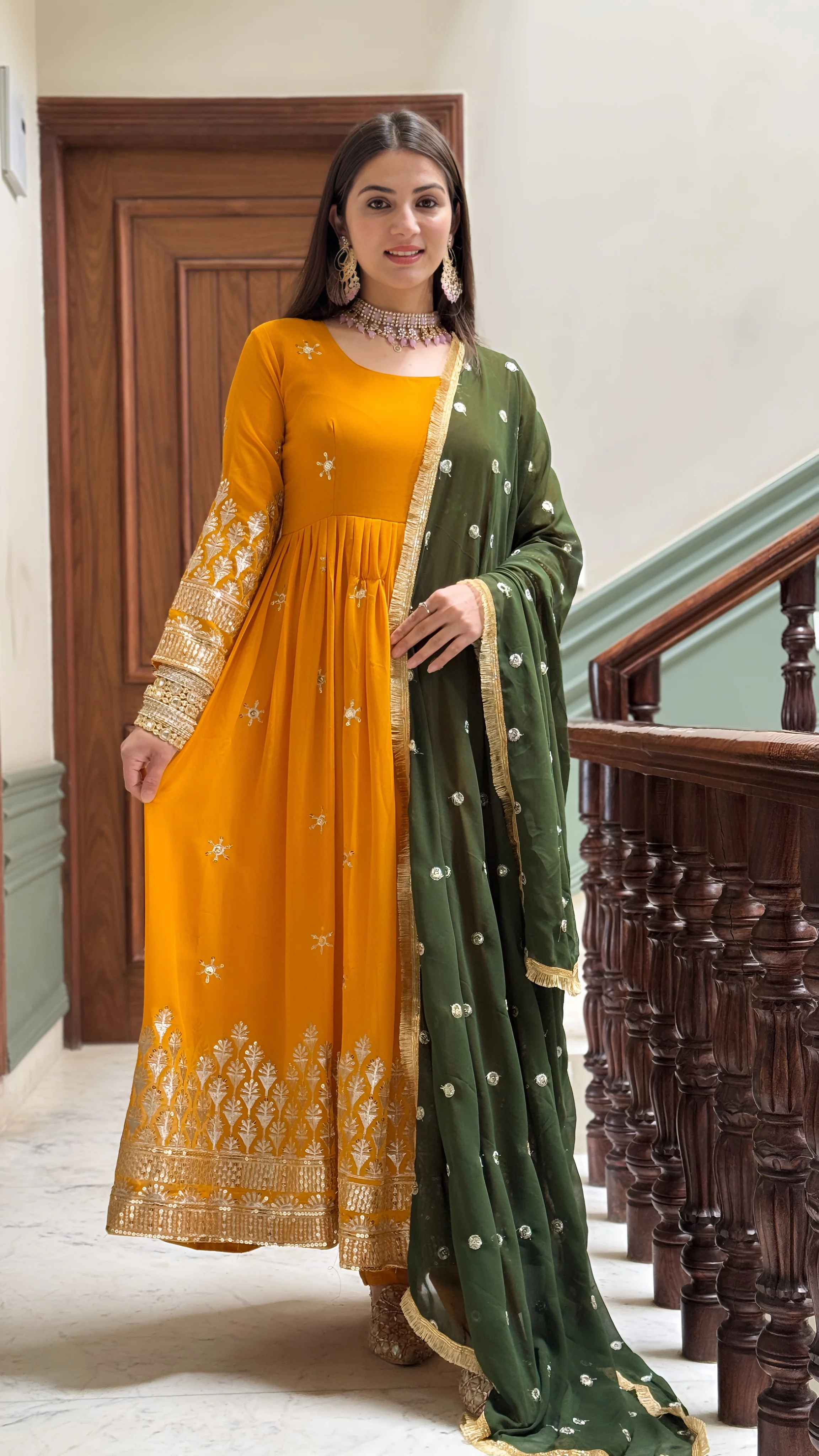 Rajni Samta Haldi Ceremony Wear Mustered Color Anarkali Gown With Dupatta