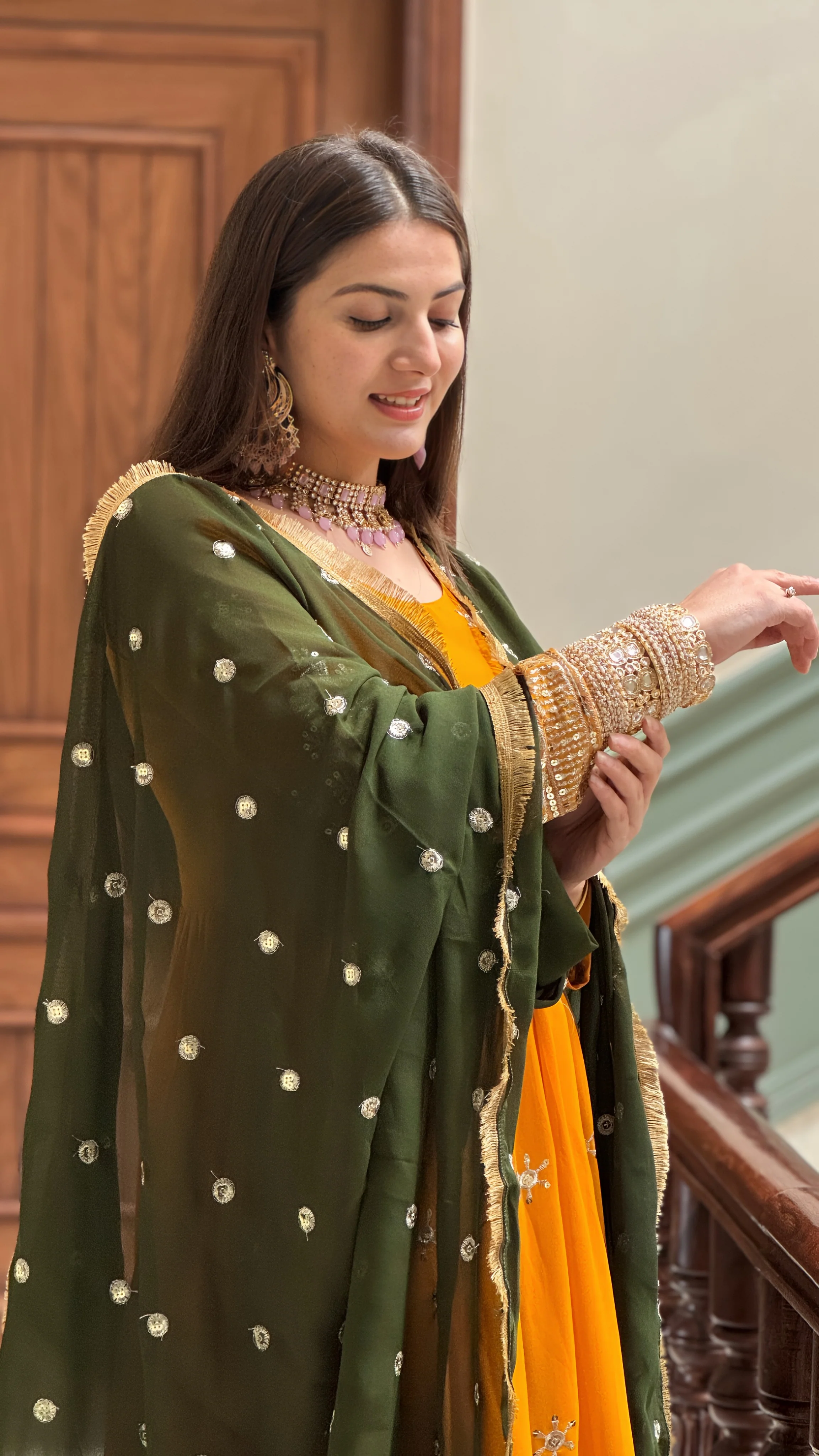 Rajni Samta Haldi Ceremony Wear Mustered Color Anarkali Gown With Dupatta - Image 4