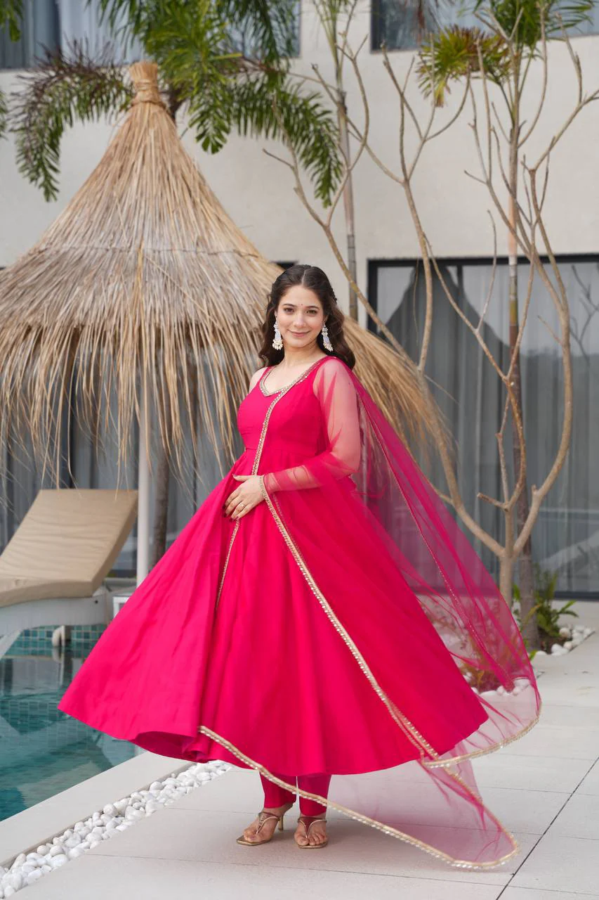 Rani Pink Color Chanderi Pure Roman Silk Anarkali Suit - Image 2
