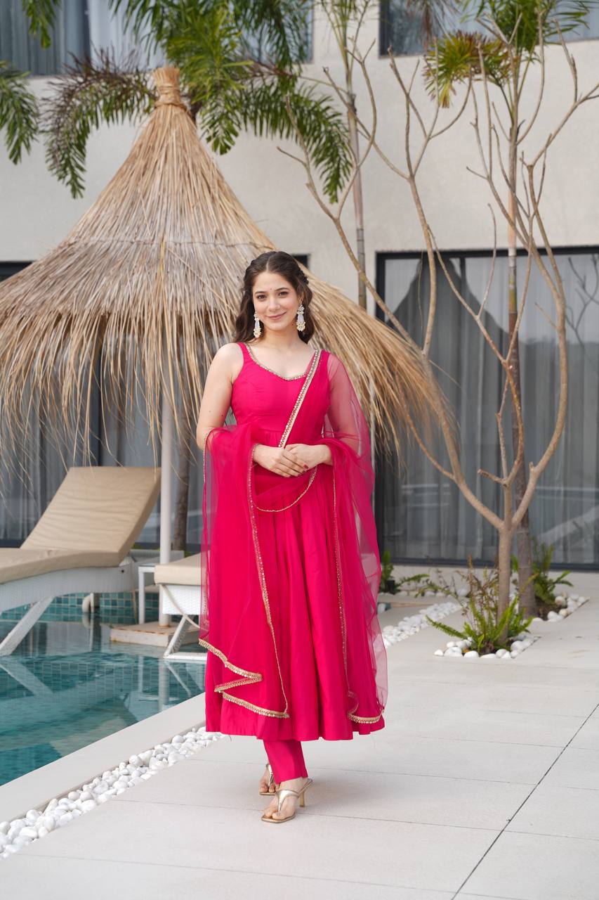 Rani Pink Color Chanderi Pure Roman Silk Anarkali Suit - Image 7