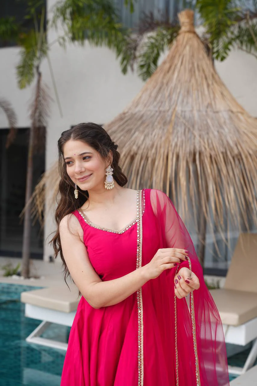 Rani Pink Color Chanderi Pure Roman Silk Anarkali Suit - Image 8