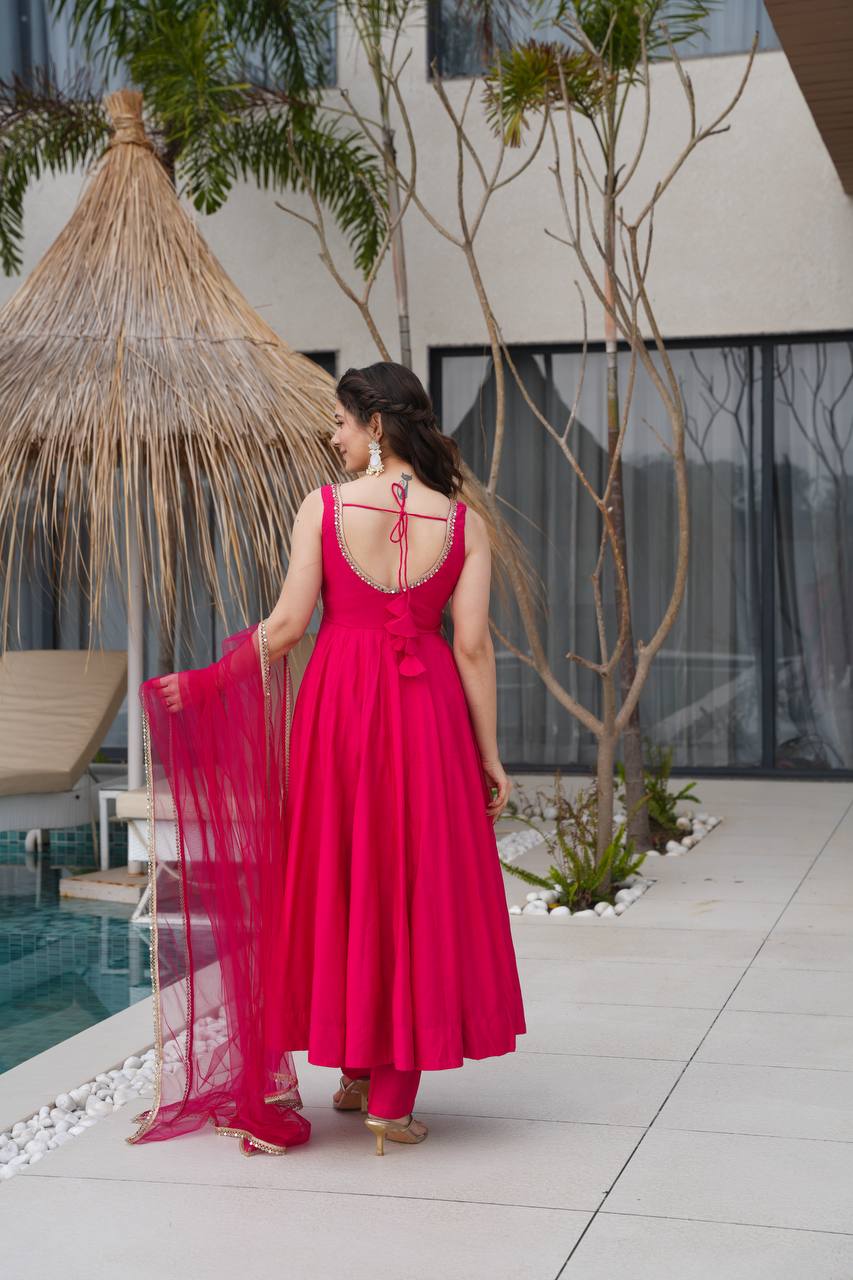 Rani Pink Color Chanderi Pure Roman Silk Anarkali Suit - Image 9