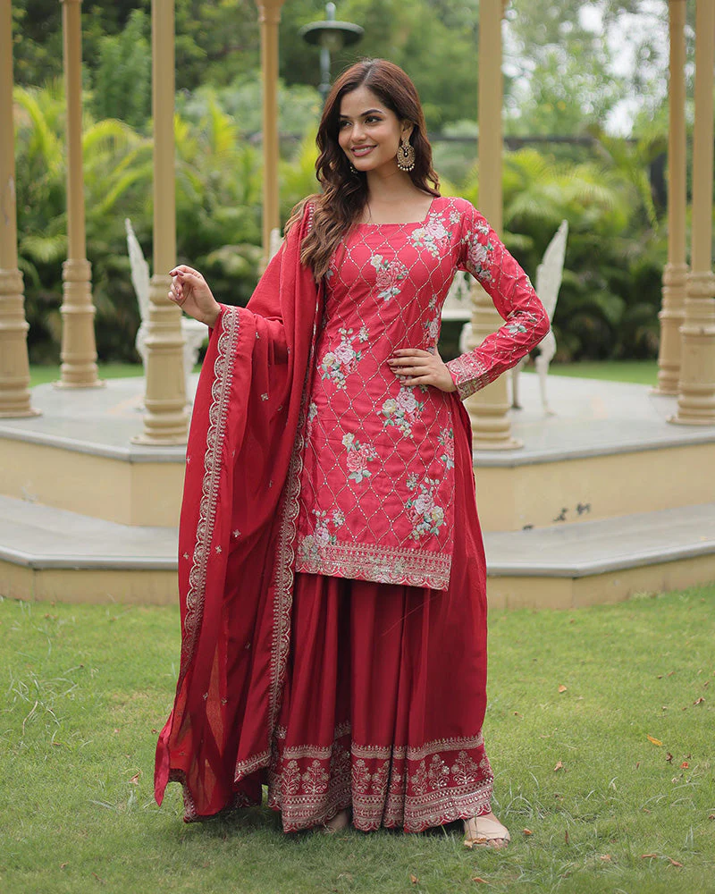 Rani Pink Color Chinnon Printed Plazzo Suit - Image 3