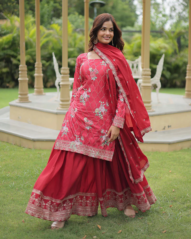 Rani Pink Color Chinnon Printed Plazzo Suit - Image 4