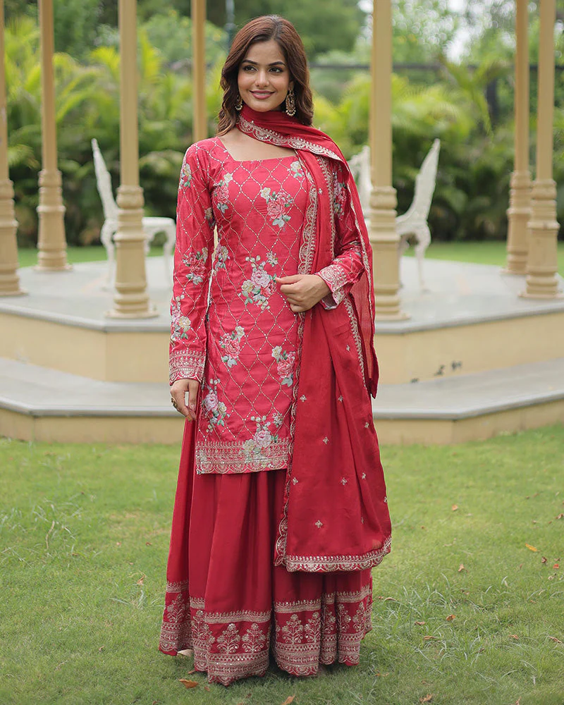 Rani Pink Color Chinnon Printed Plazzo Suit - Image 5
