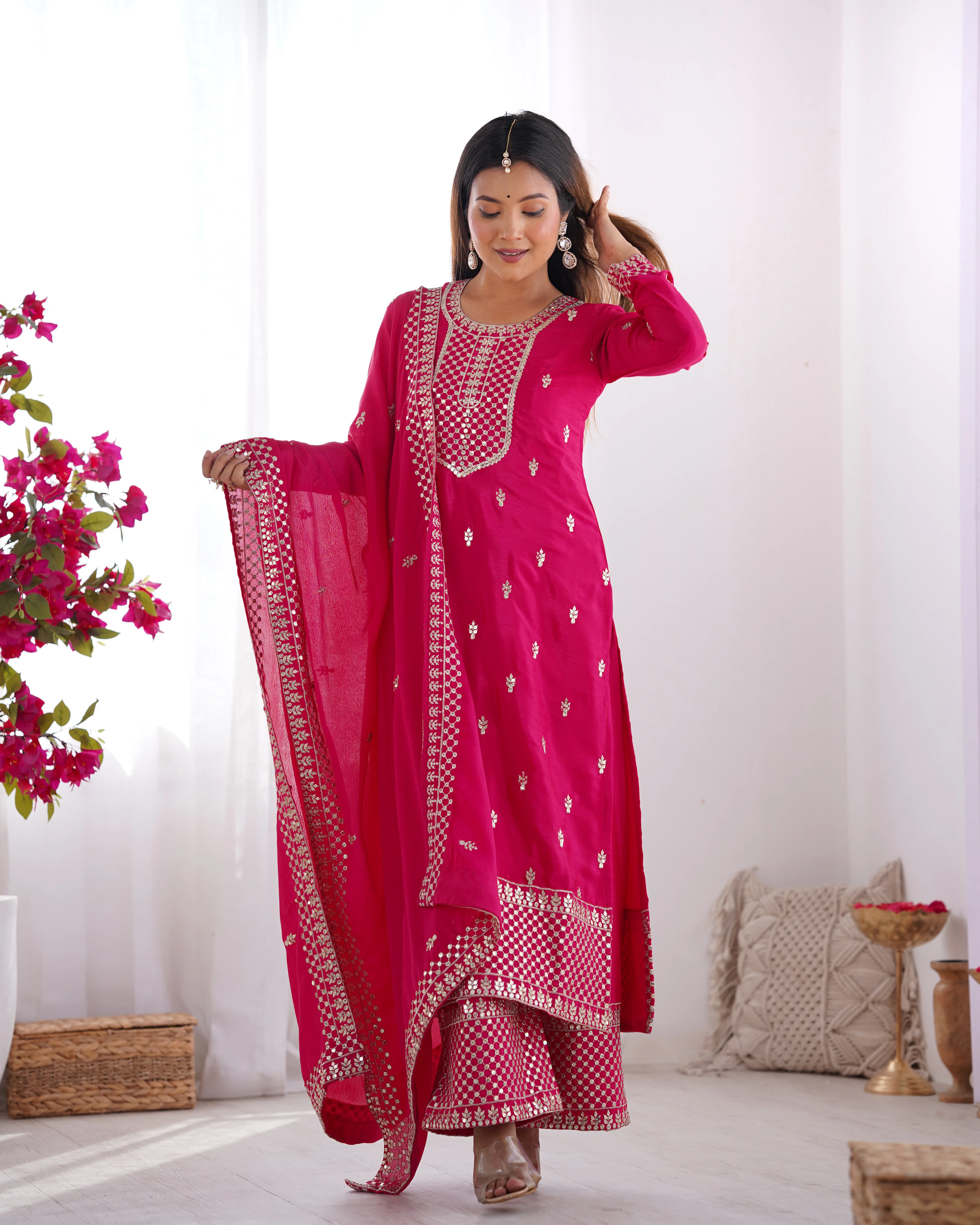 Rani Pink Color Chinon Silk Three Piece Kurti Suit - Image 3