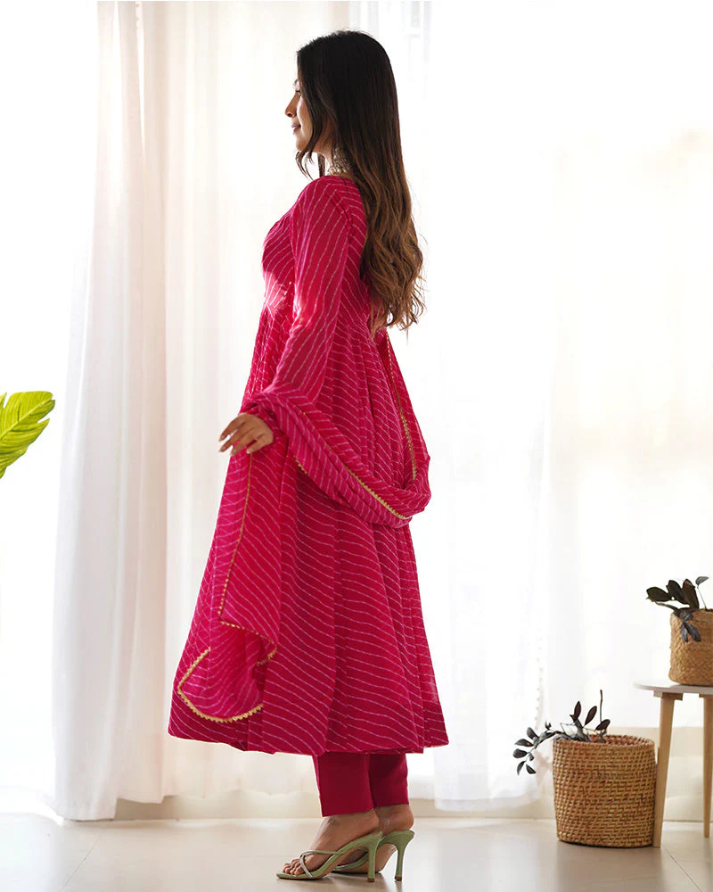 Rani Pink Color Laheriya Print Georgette Three Piece Anarkali Suit - Image 2
