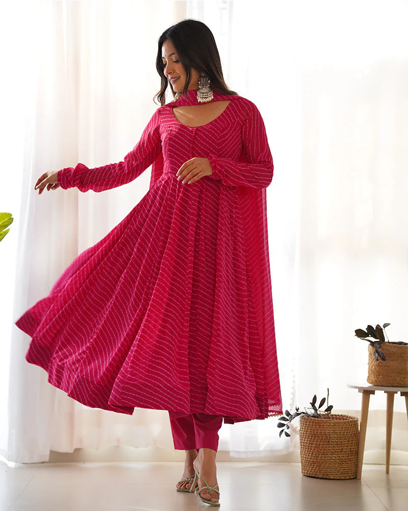 Rani Pink Color Laheriya Print Georgette Three Piece Anarkali Suit - Image 5