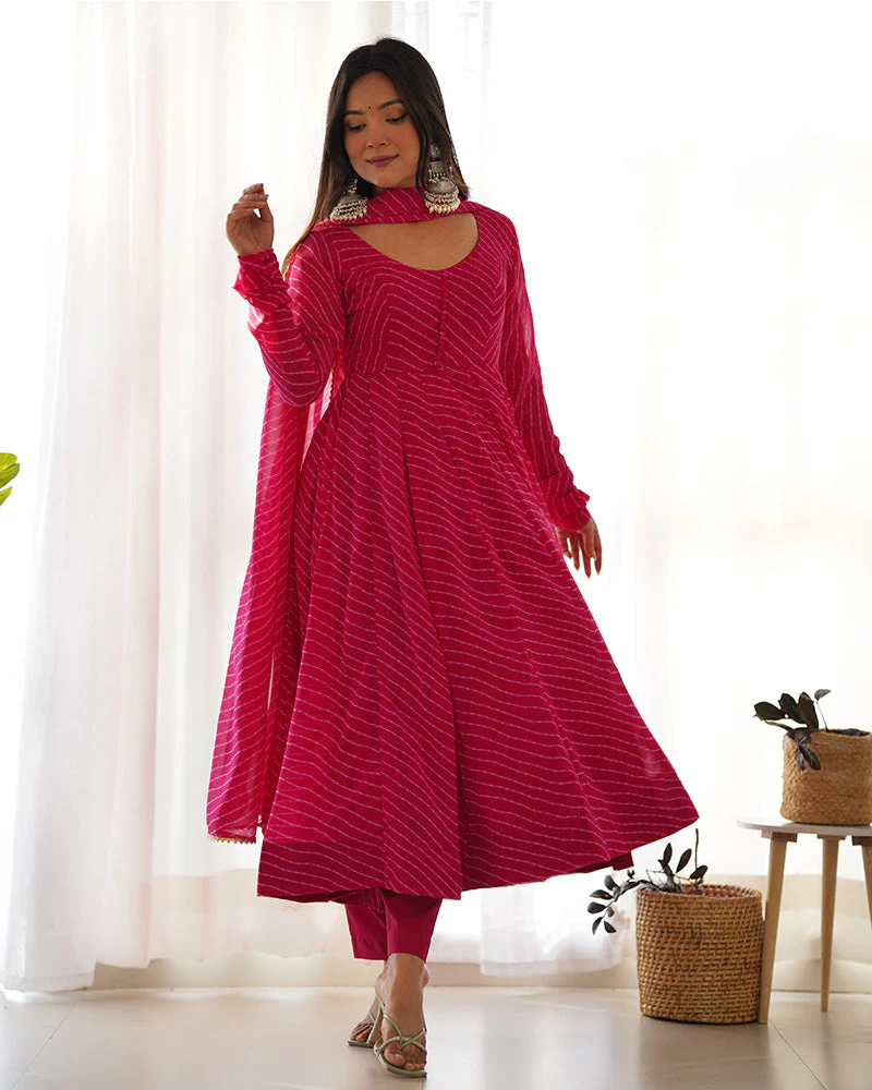 Rani Pink Color Laheriya Print Georgette Three Piece Anarkali Suit - Image 6