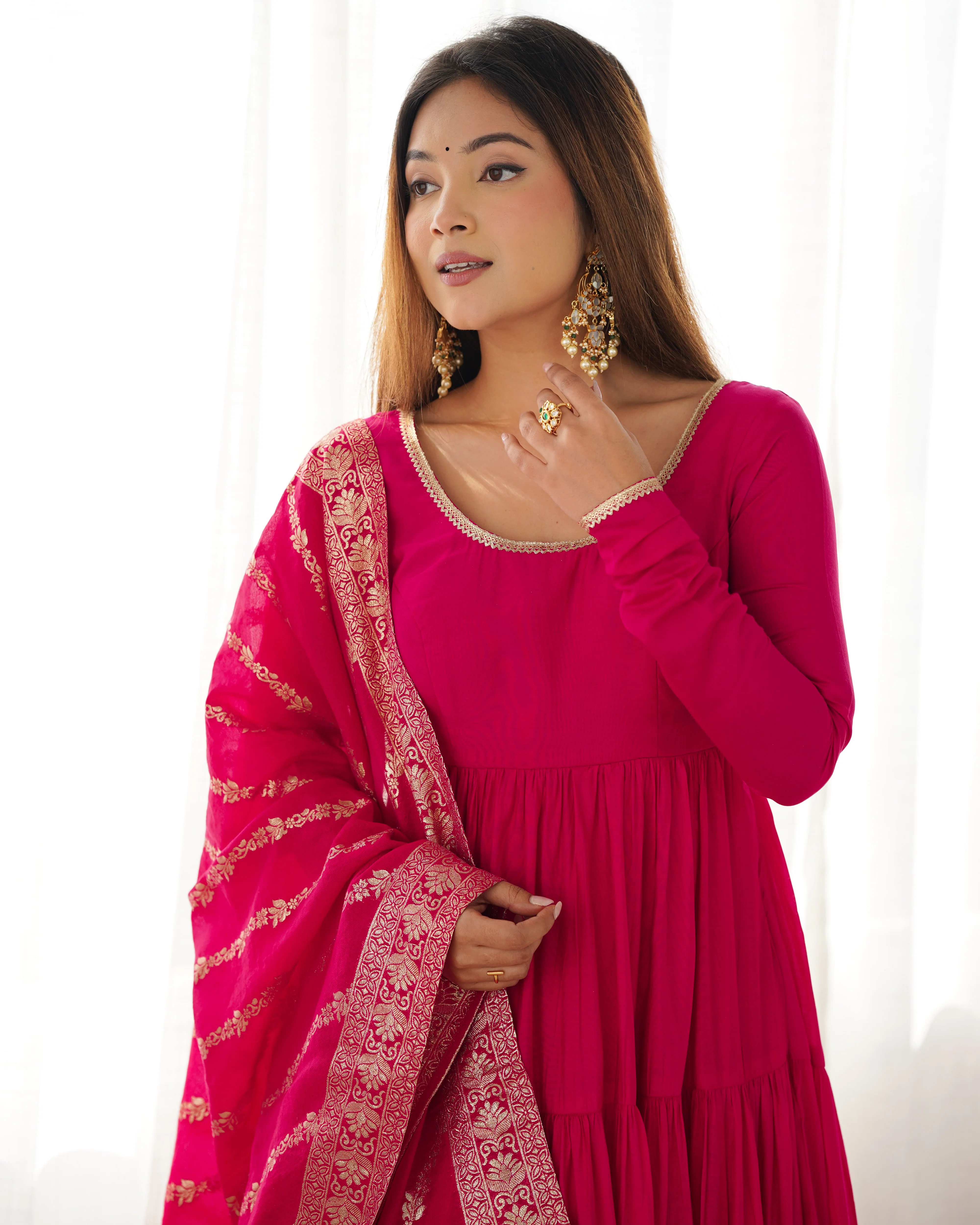 Rani Pink Color Pure Roman Silk Ruffle Style Anarkali Suit - Image 11