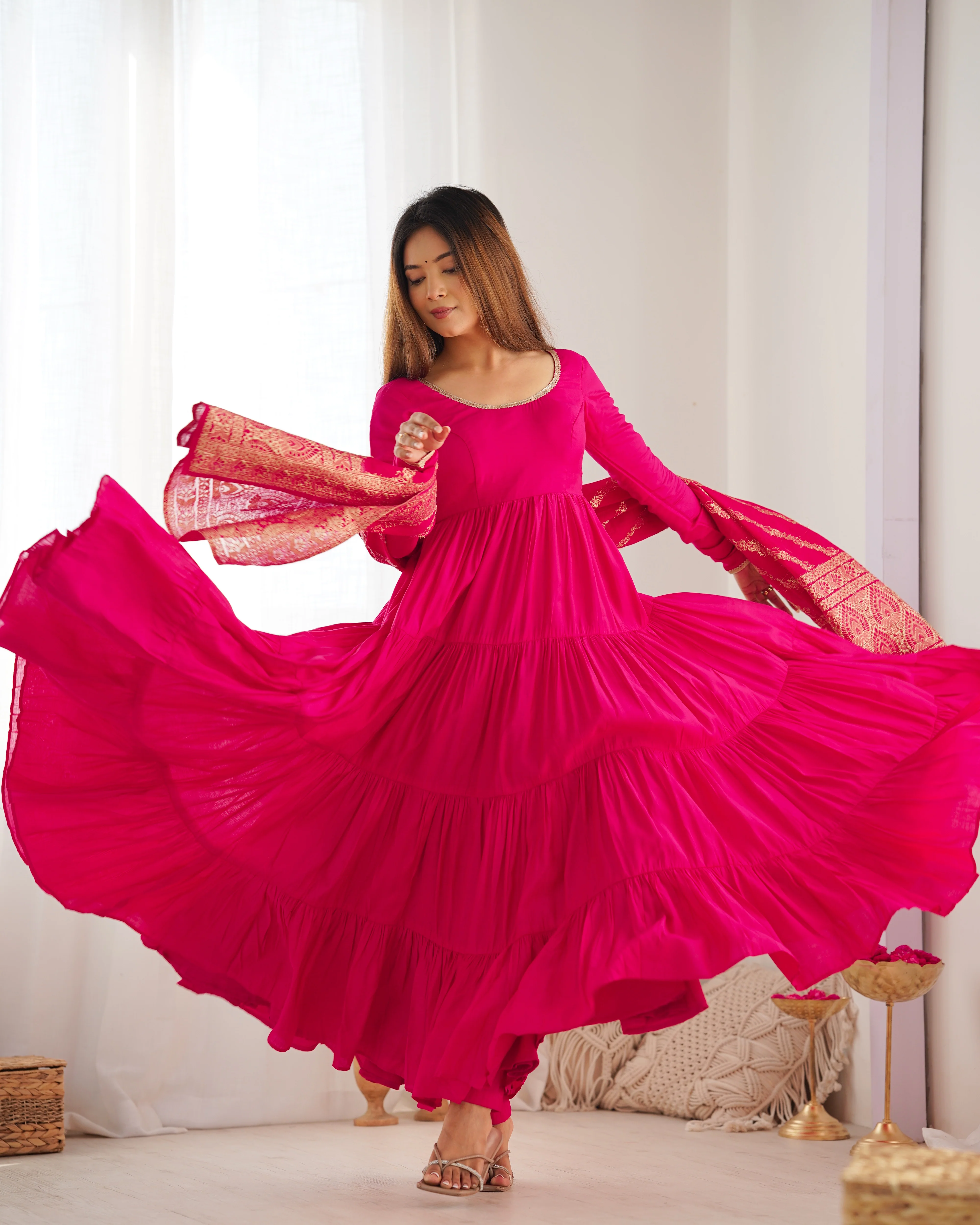 Rani Pink Color Pure Roman Silk Ruffle Style Anarkali Suit - Image 5