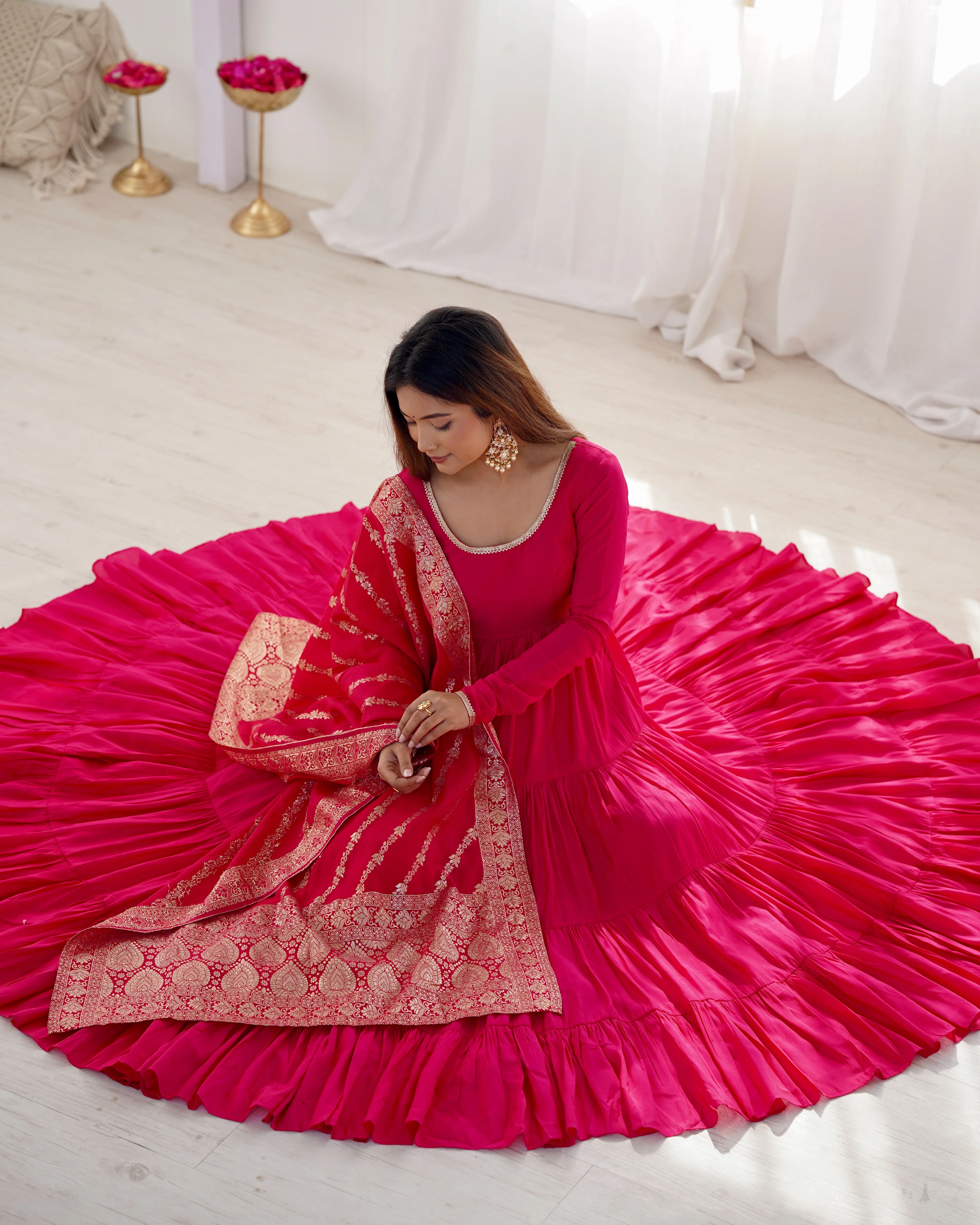 Rani Pink Color Pure Roman Silk Ruffle Style Anarkali Suit - Image 7