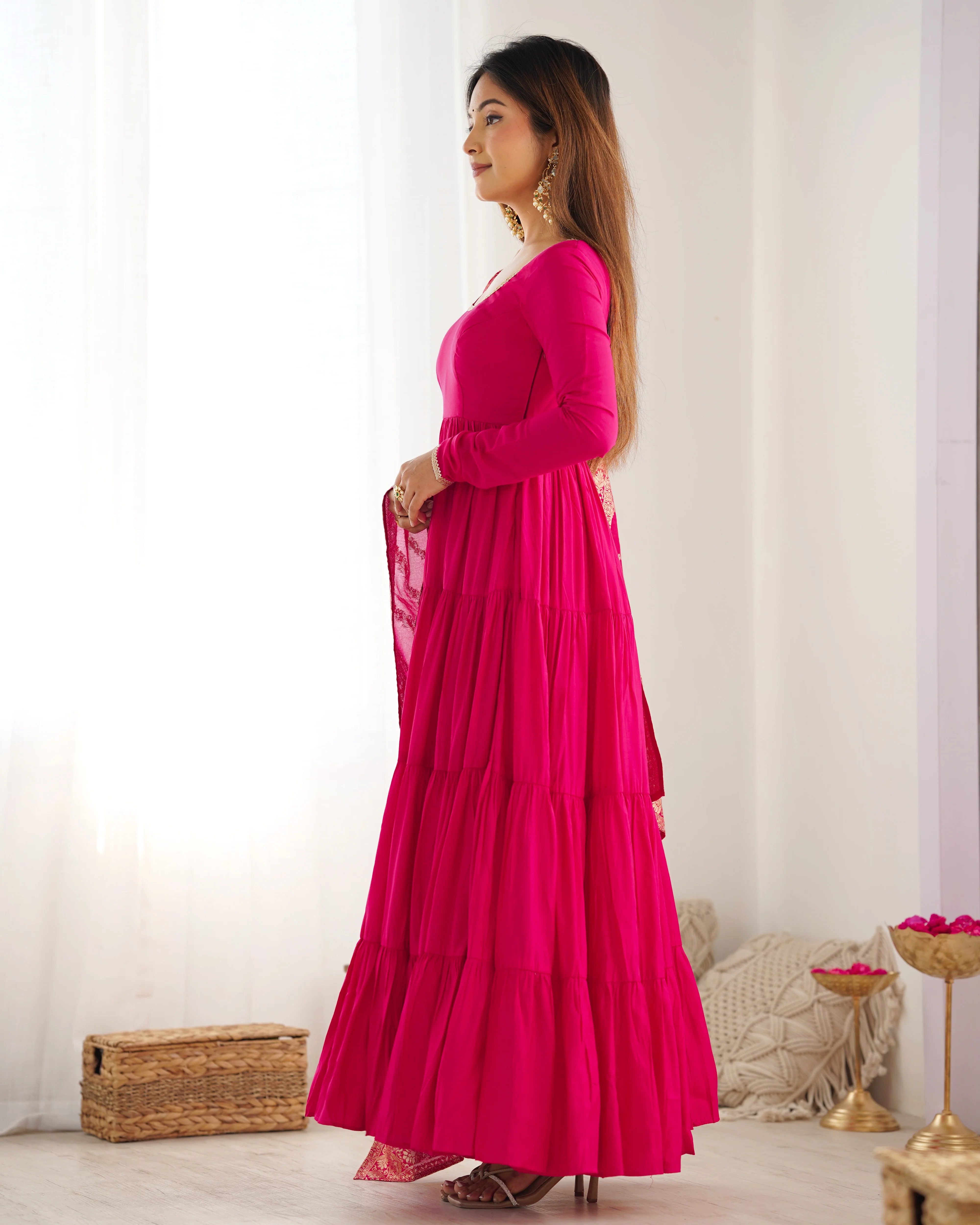 Rani Pink Color Pure Roman Silk Ruffle Style Anarkali Suit - Image 8