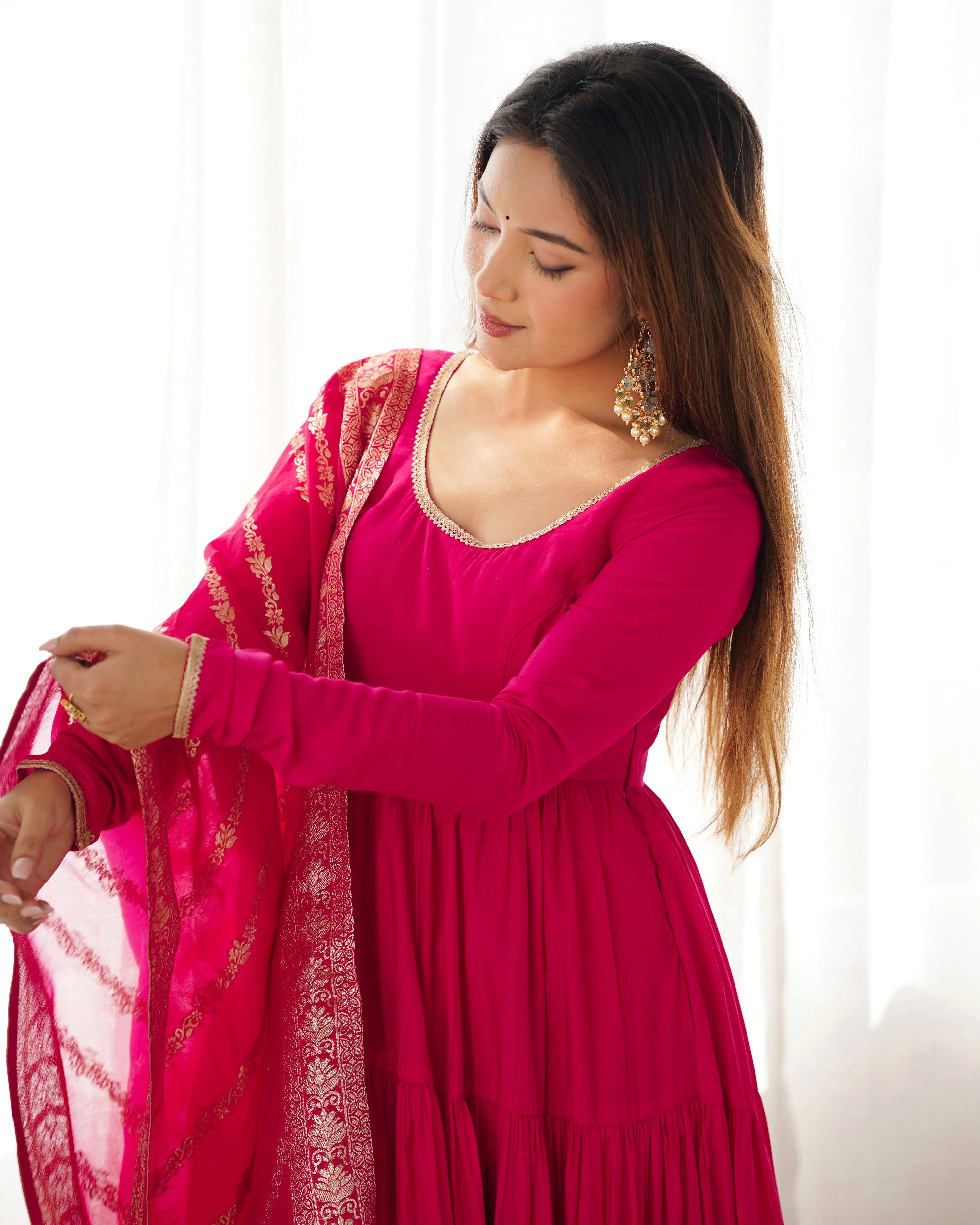 Rani Pink Color Pure Roman Silk Ruffle Style Anarkali Suit - Image 9