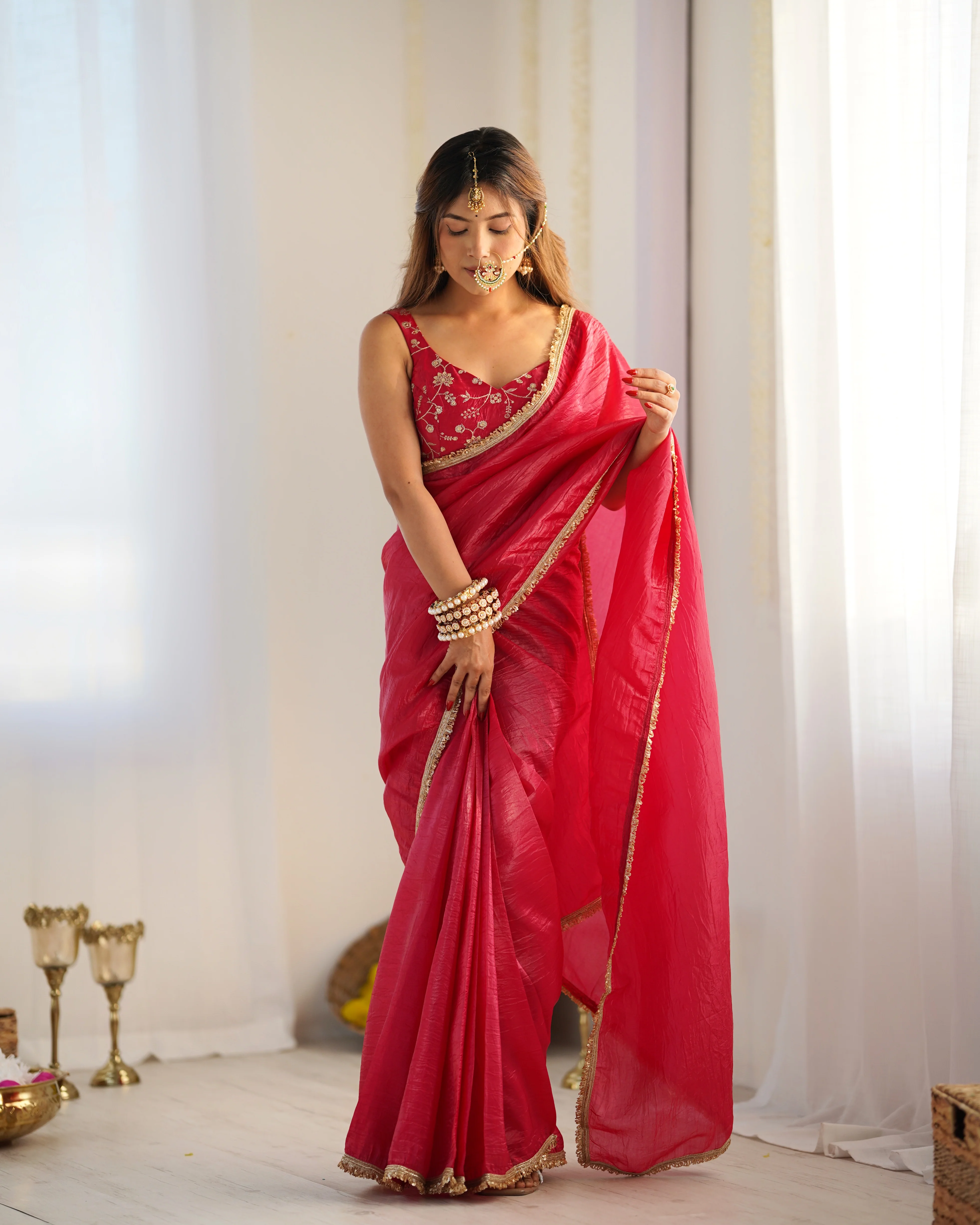 Rani Pink Color Tissue Silk Pre Drapped Saree - Image 5