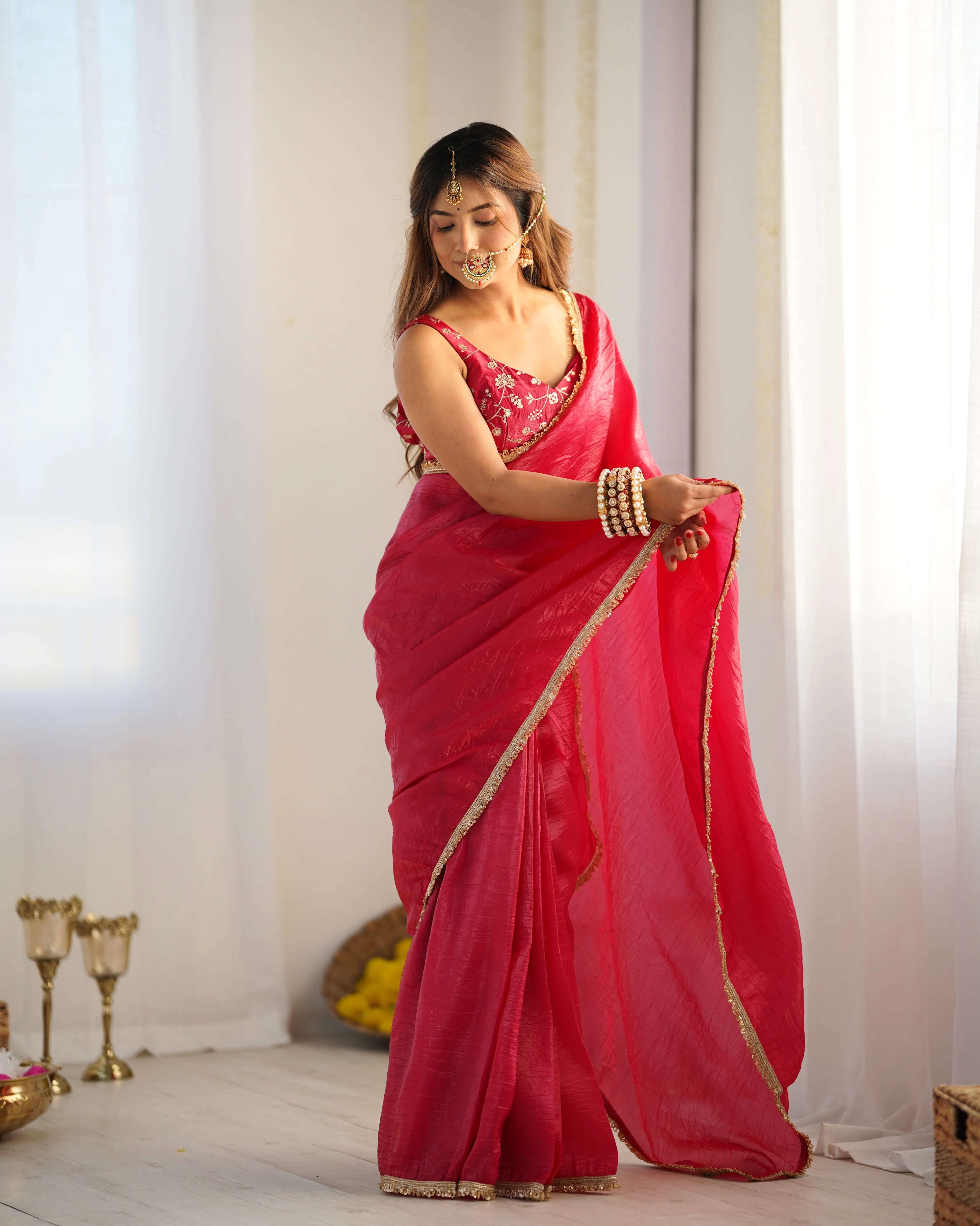 Rani Pink Color Tissue Silk Pre Drapped Saree - Image 6
