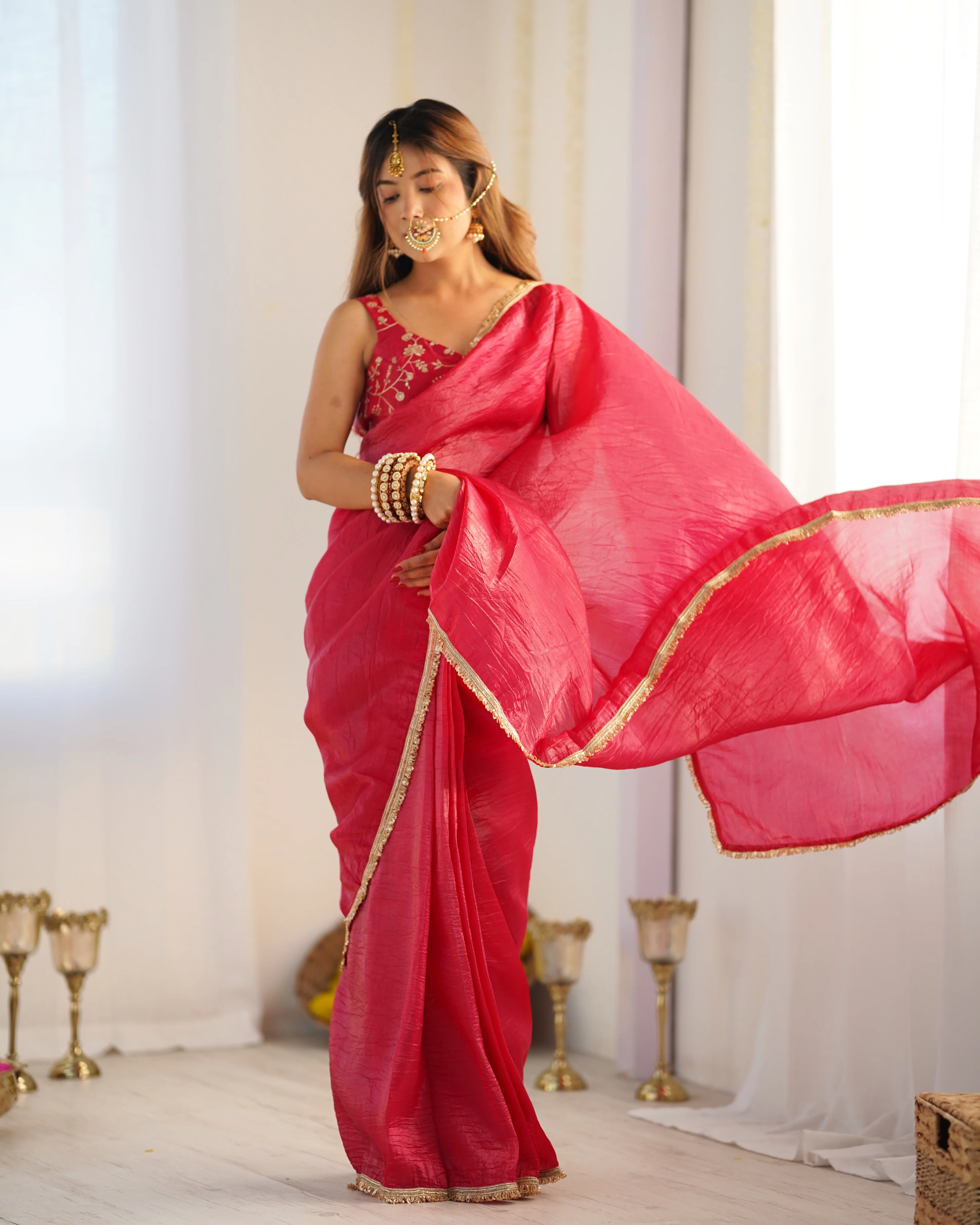 Rani Pink Color Tissue Silk Pre Drapped Saree - Image 8