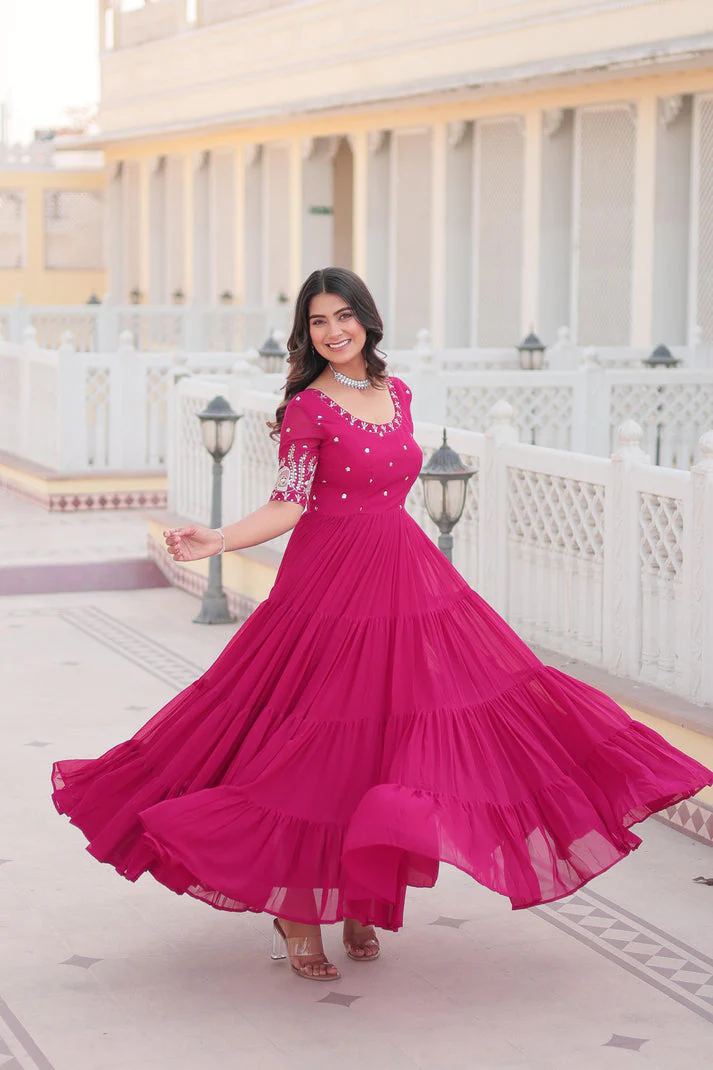 Ravishing Embroidery Zari Sequence Work Pink Gown - Image 3