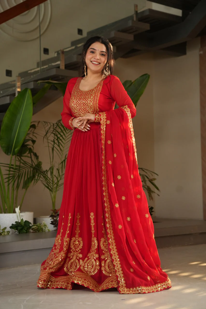 Red Color Faux Blooming Embroidered Gown - Image 11