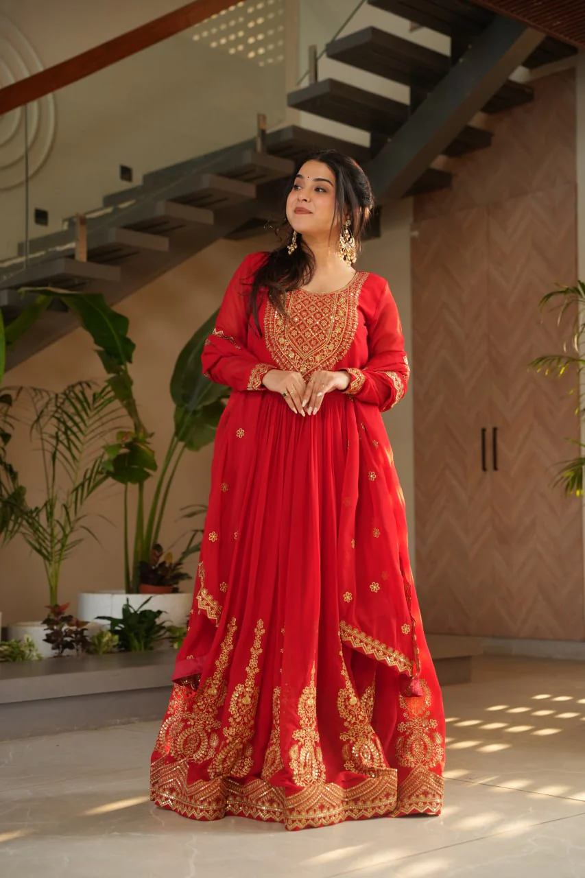Red Color Faux Blooming Embroidered Gown - Image 8