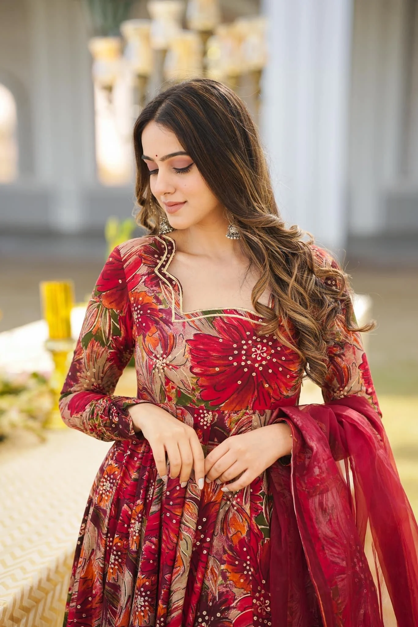 Red Color Faux Georgette Printed Gown With Dupatta - Image 6