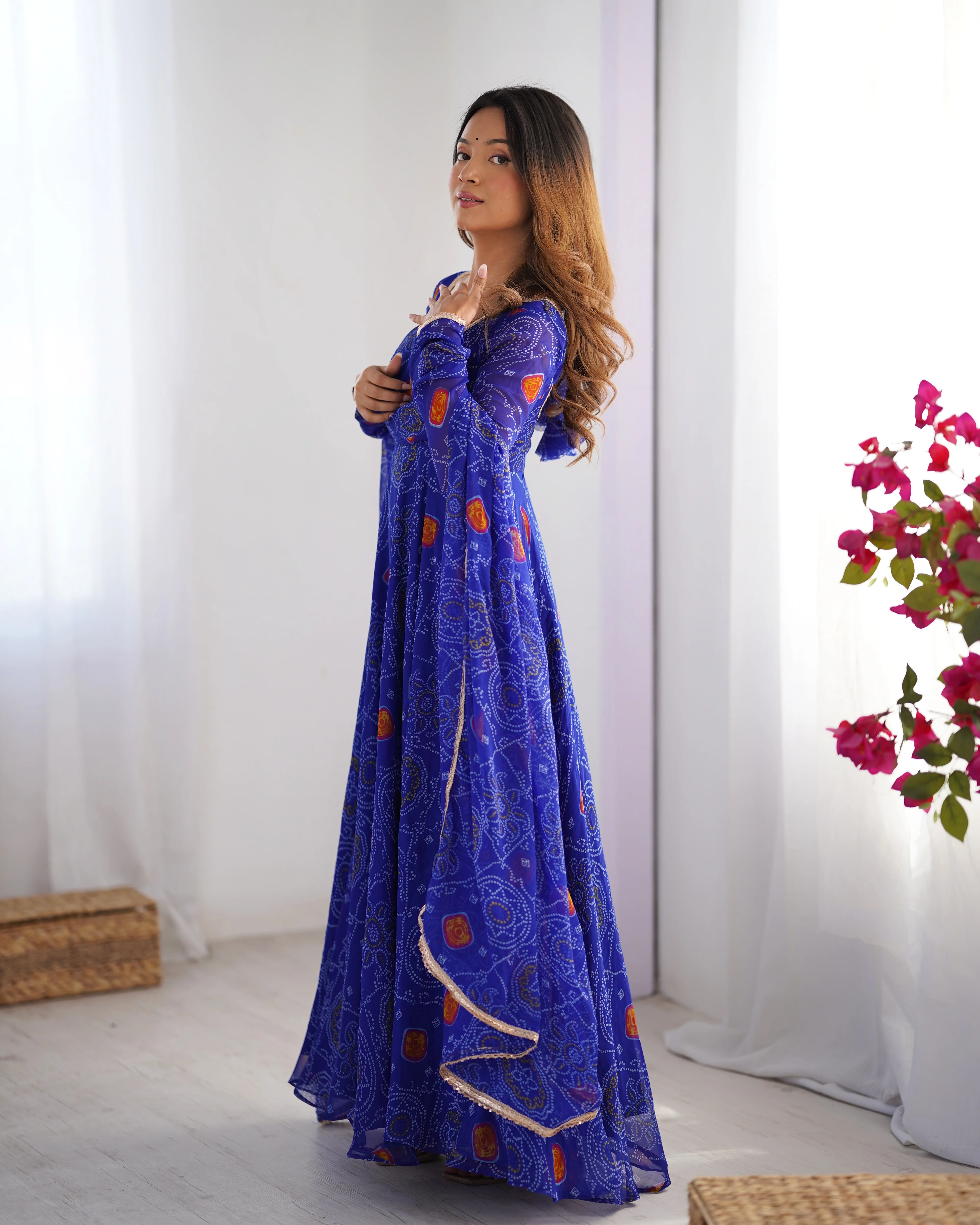 Royal Blue Color Bandhej Print Soft Chiffon Anarkali Gown - Image 6