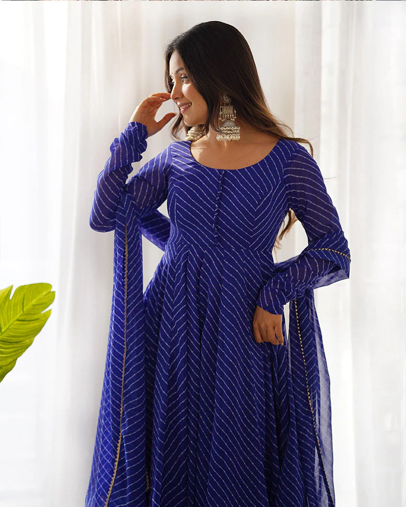 ROYAL BLUE COLOR LAHERIYA PRINT GEORGETTE THREE PIECE ANARKALI SUIT - Image 4