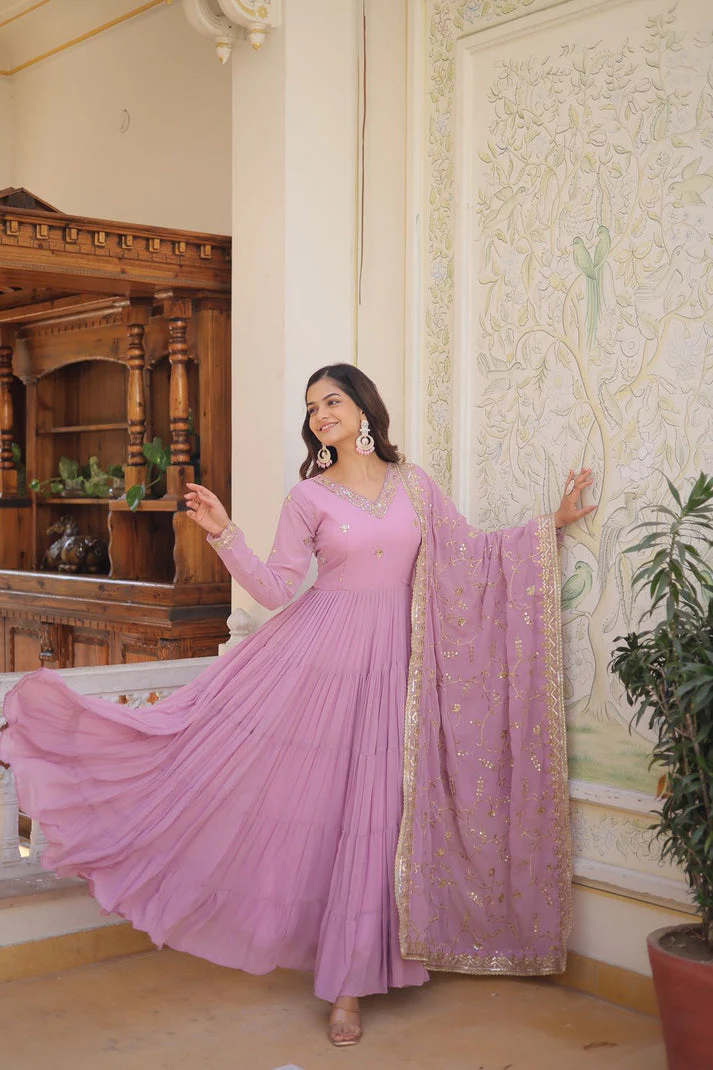 Ruffle Flair Embroidered Work Lavender Gown With Dupatta - Image 3