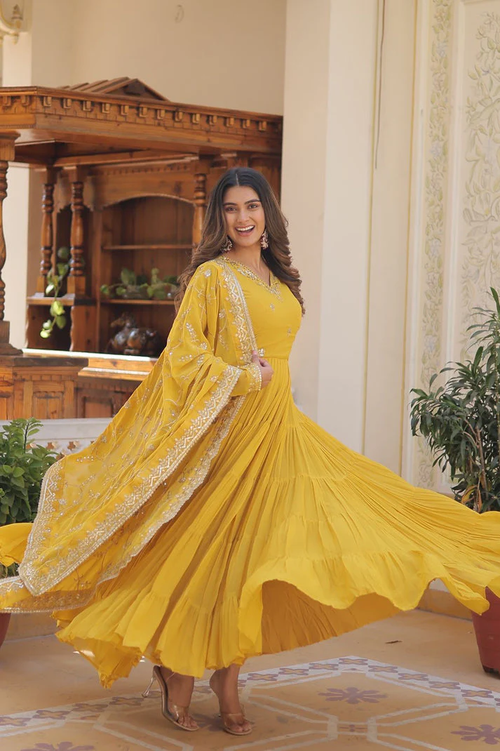 Ruffle Flair Embroidered Work Yellow Gown With Dupatta - Image 3