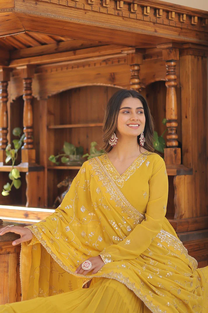 Ruffle Flair Embroidered Work Yellow Gown With Dupatta - Image 4