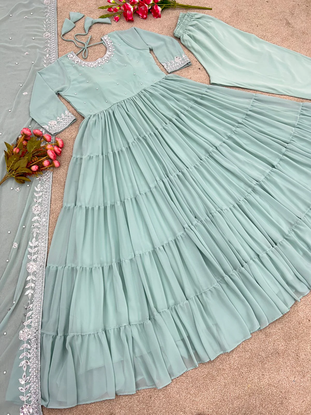 Ruffle Style Pista Green Color Anarkali Gown - Image 5