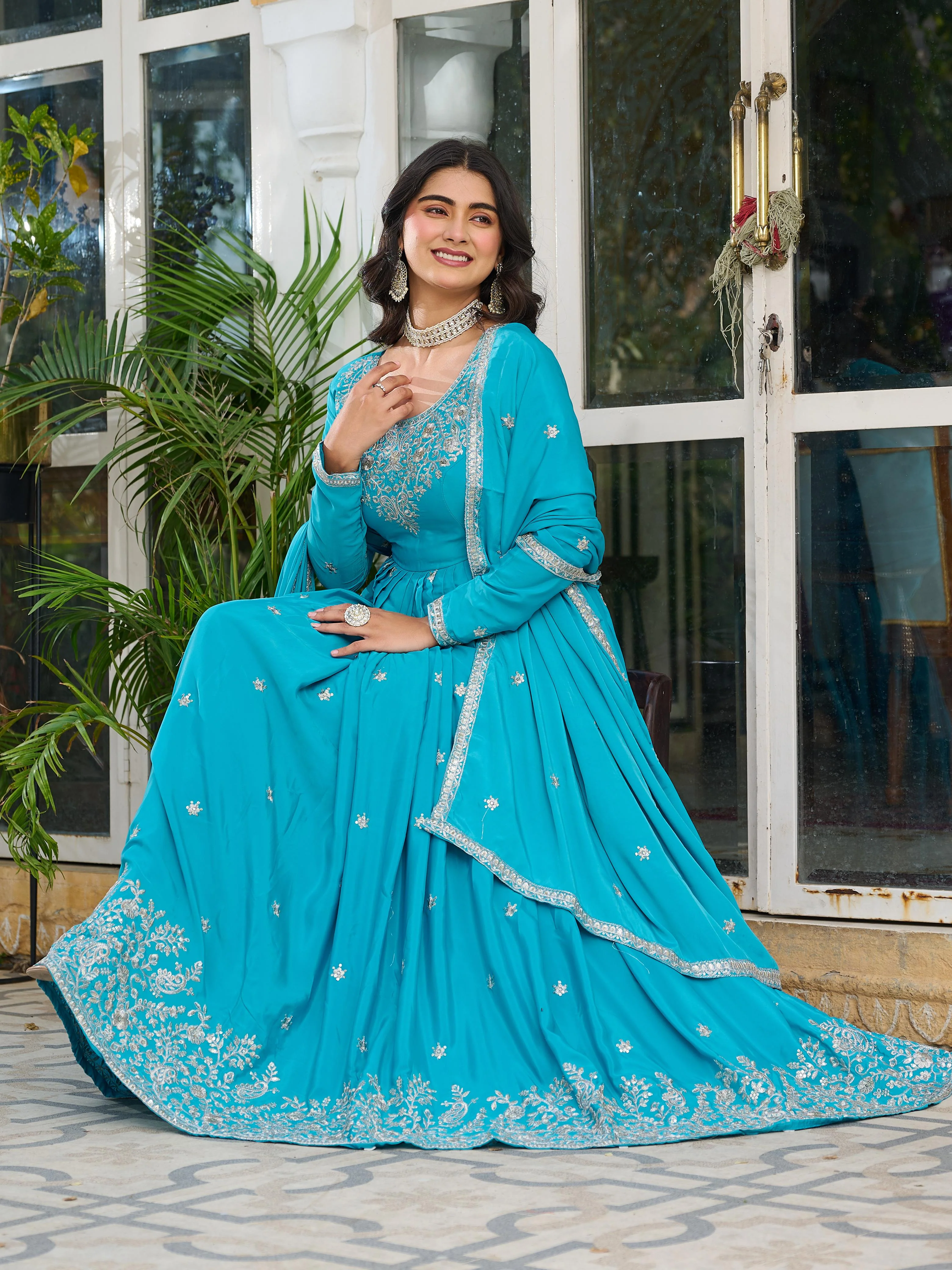 Sky Blue Color American Silk Thred with Sequnce work Gown - Image 2