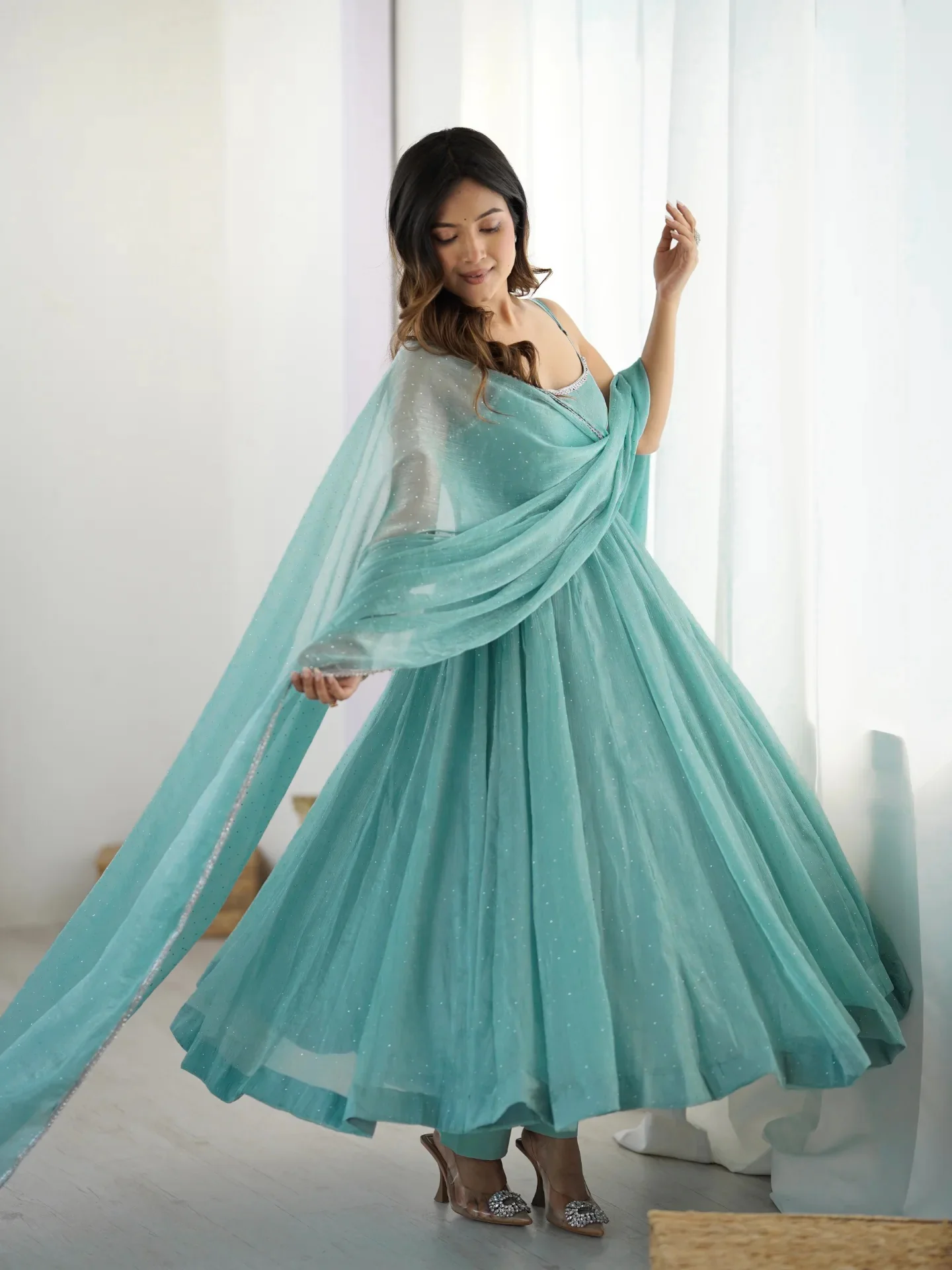 Sky Blue Color Crunchy Silk Three Piece Anarkali Suit - Image 4