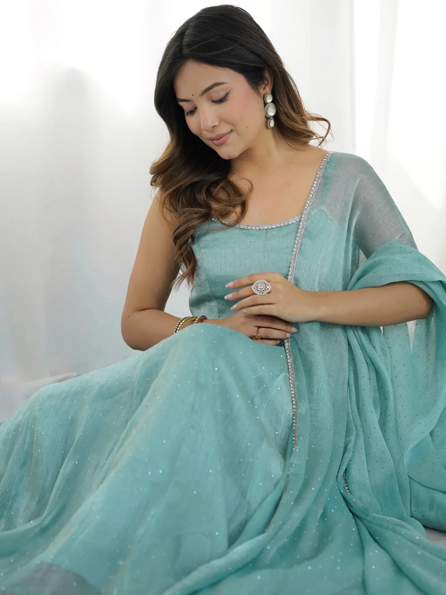 Sky Blue Color Crunchy Silk Three Piece Anarkali Suit - Image 5