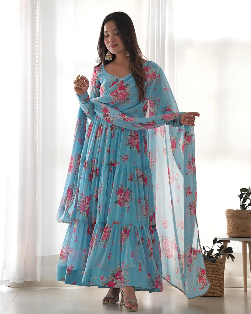 Sky Blue Color Soft Georgette Ruffle Style Three Piece Anarkali Suit - Image 3