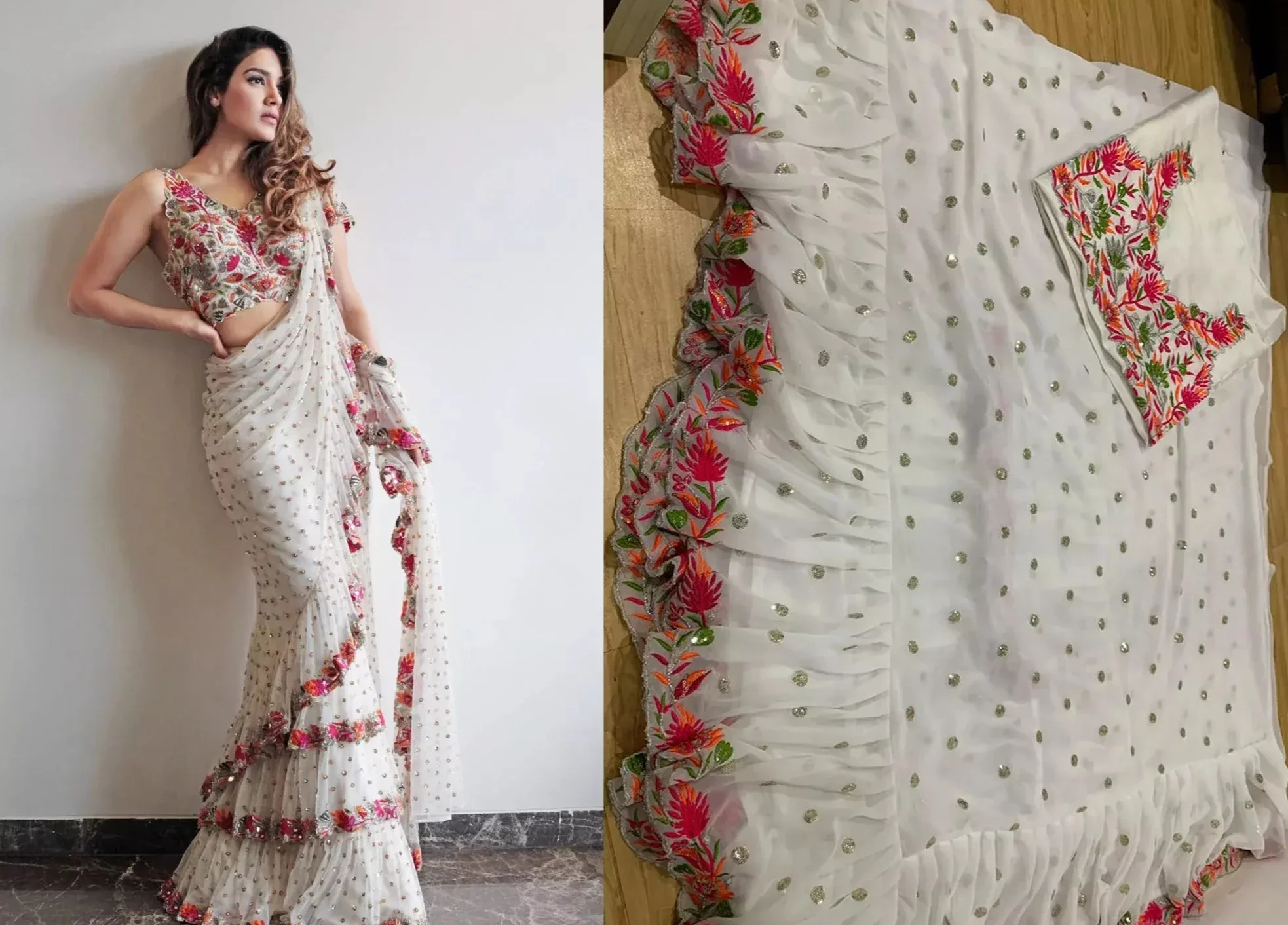 White Color Party Wear Heavy Ruffle Celebrity Saree - Image 3