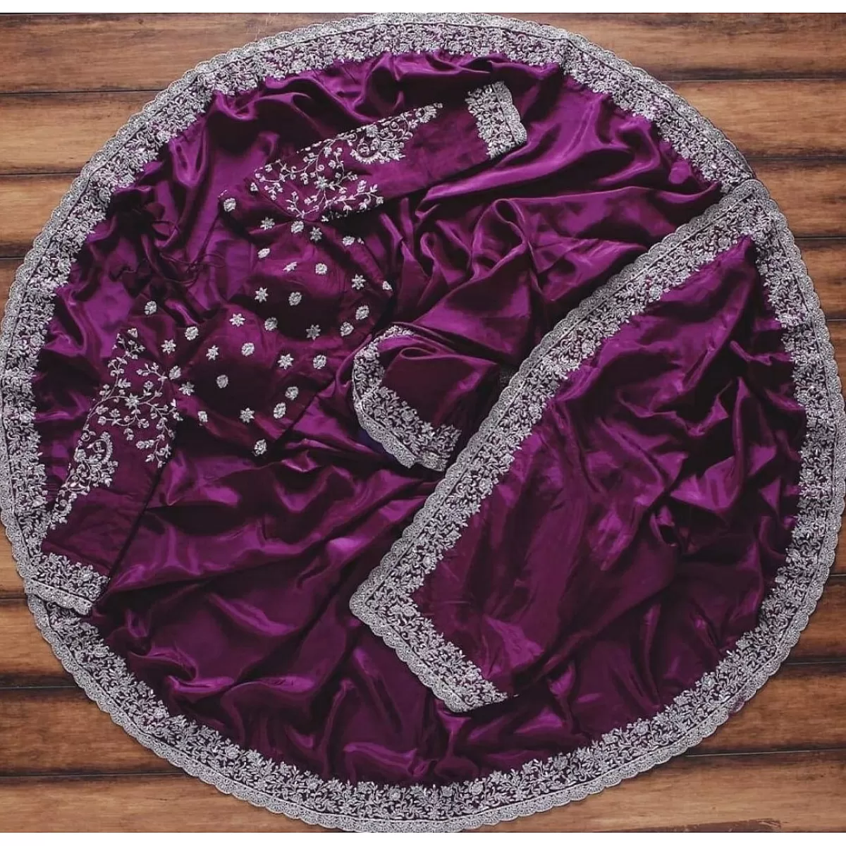 Purple rangoli georgette silk fancy thread work ceremonial saree - Image 3