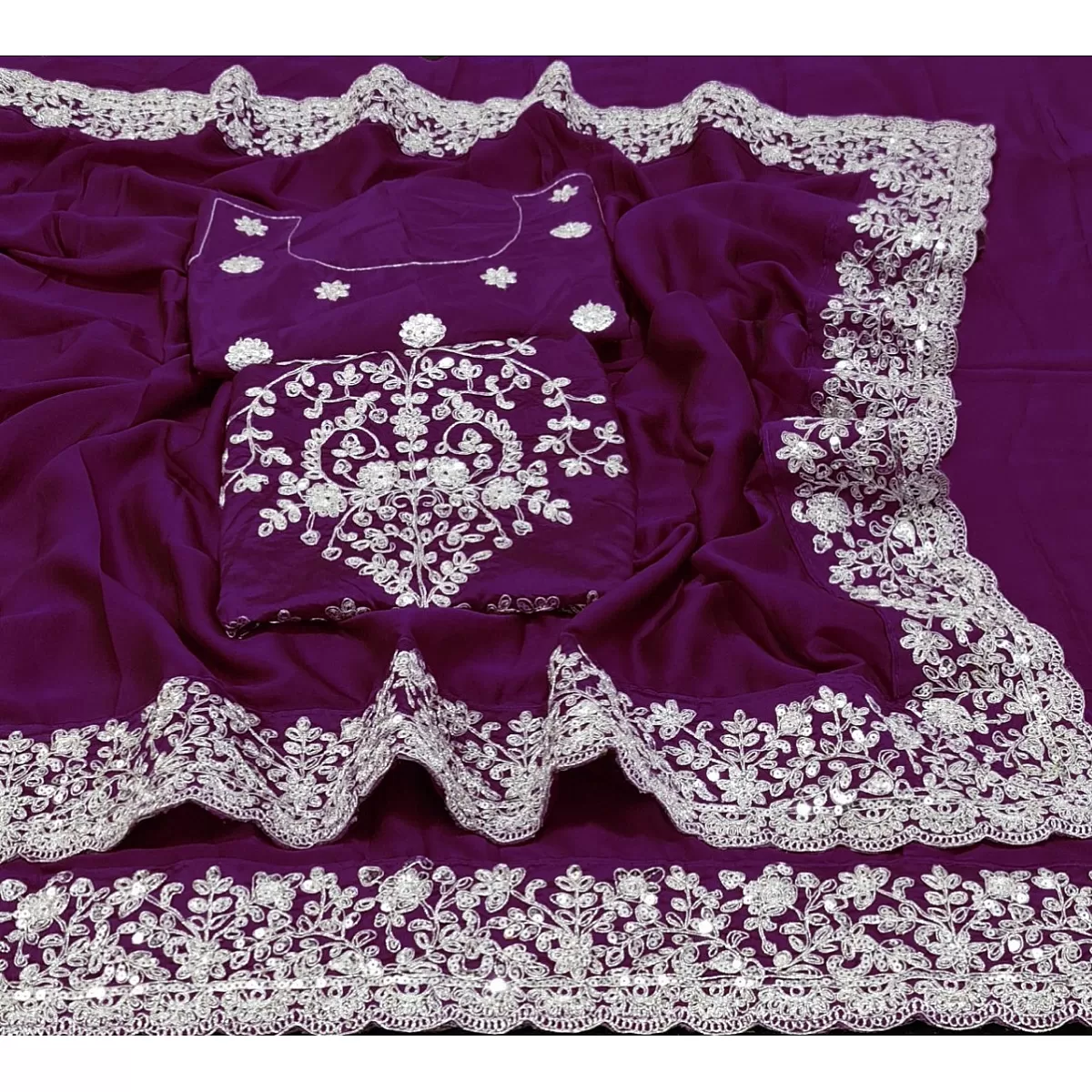 Purple rangoli georgette silk fancy thread work ceremonial saree - Image 4