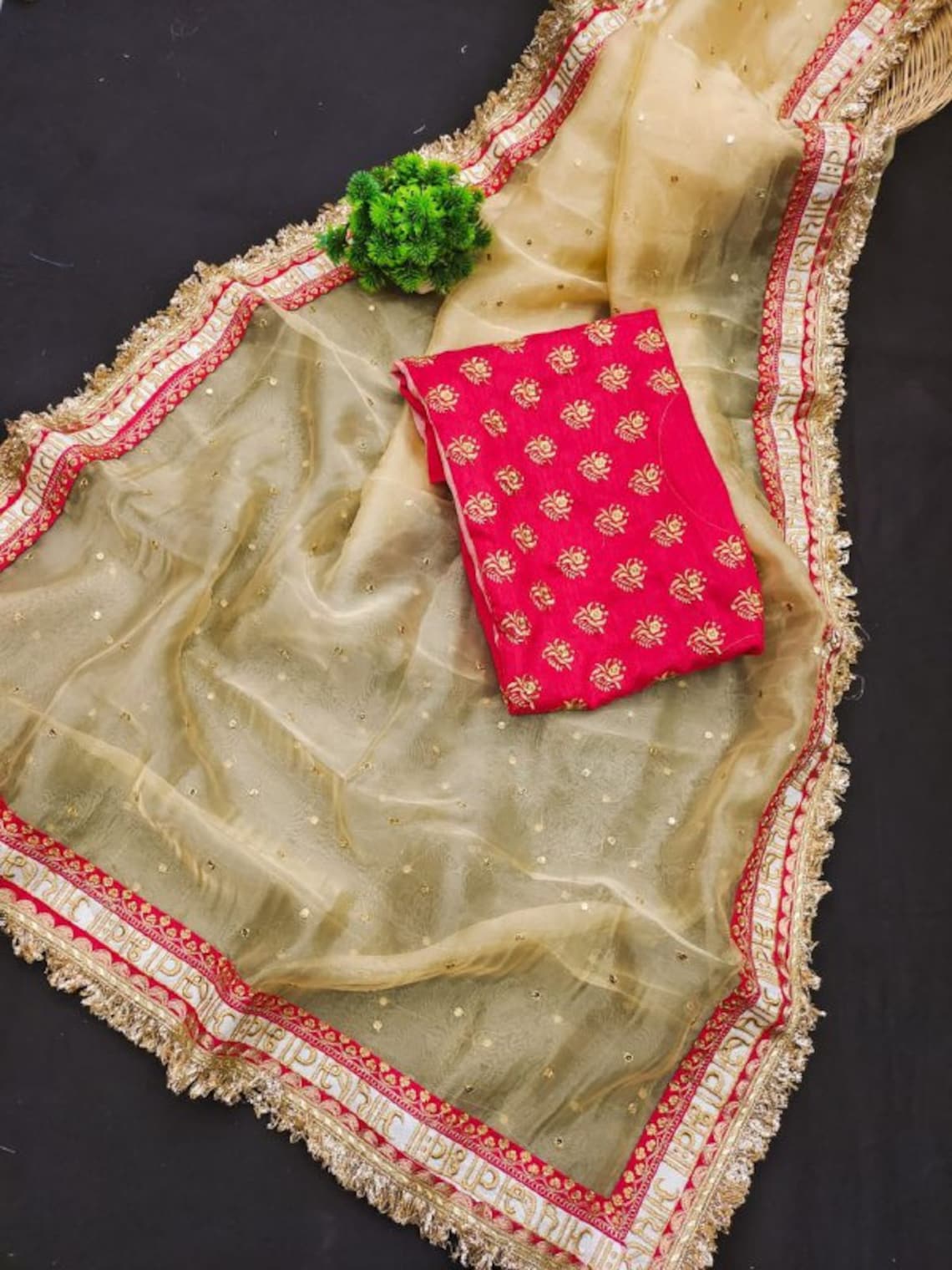Off White Organza Ilk With Embroidery Thread + Sequence Butti Work Saree - Image 4